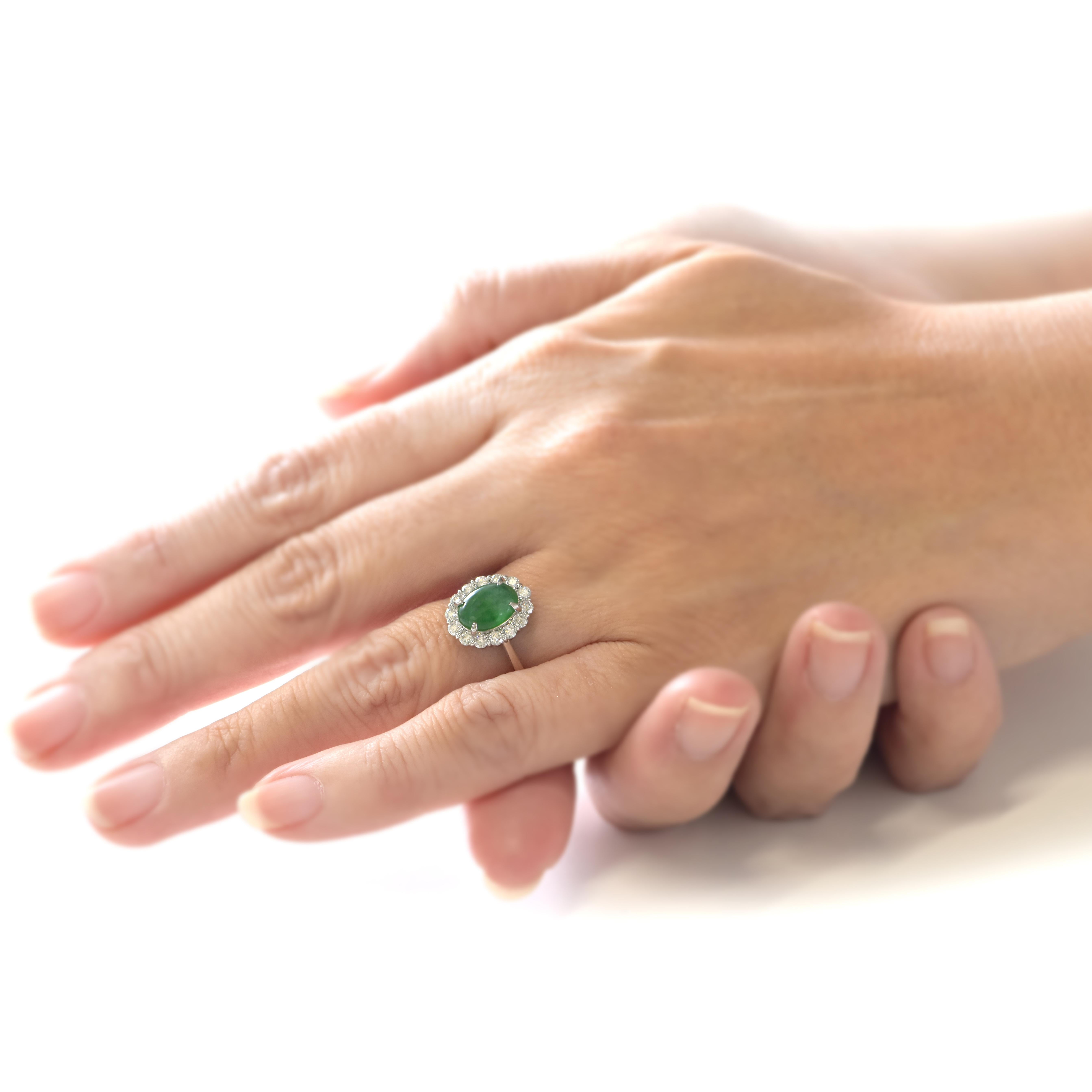 Modern 1.77 Carat Natural Type A Jade and Diamond Halo Ring Made in Platinum For Sale