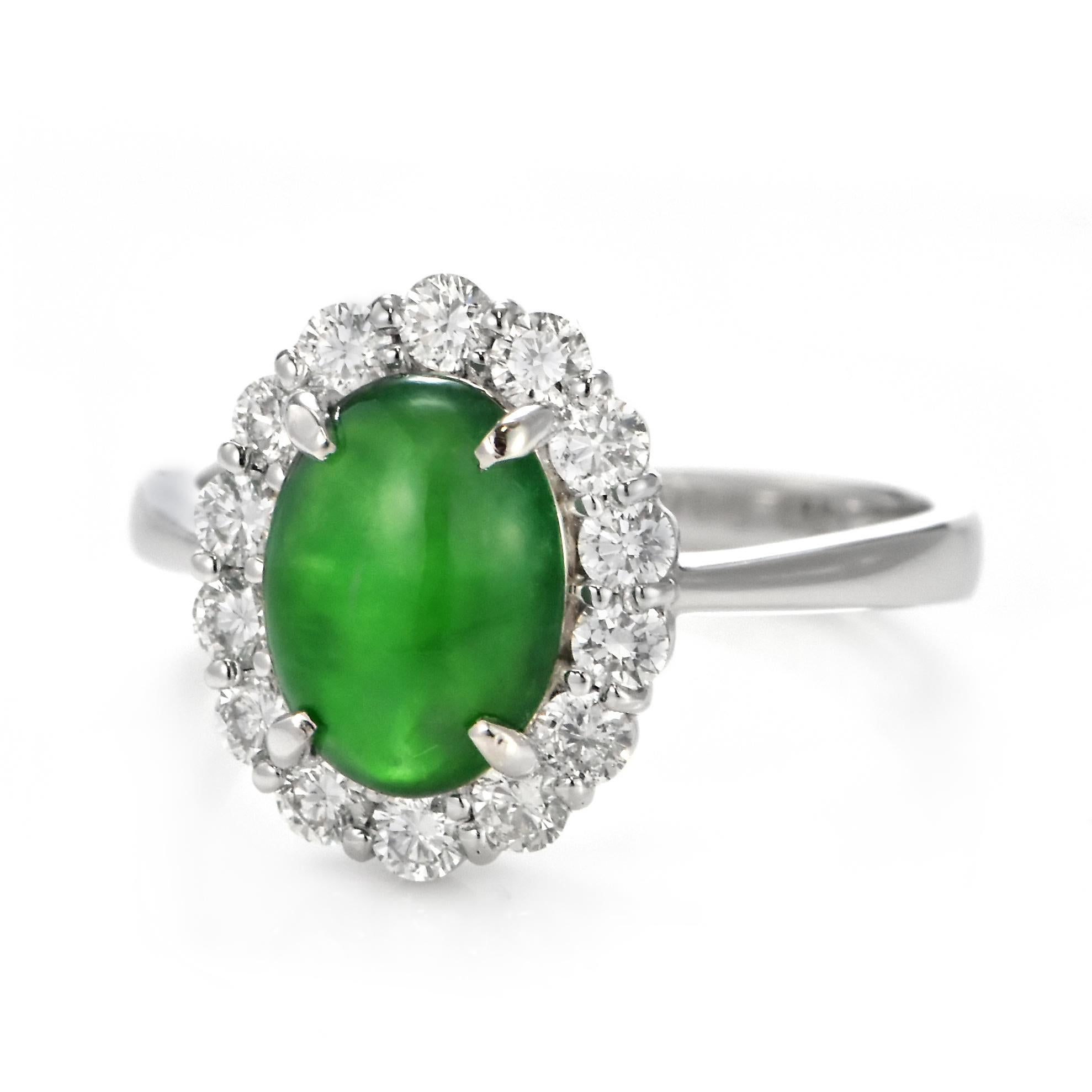 Cabochon 1.77 Carat Natural Type A Jade and Diamond Halo Ring Made in Platinum For Sale