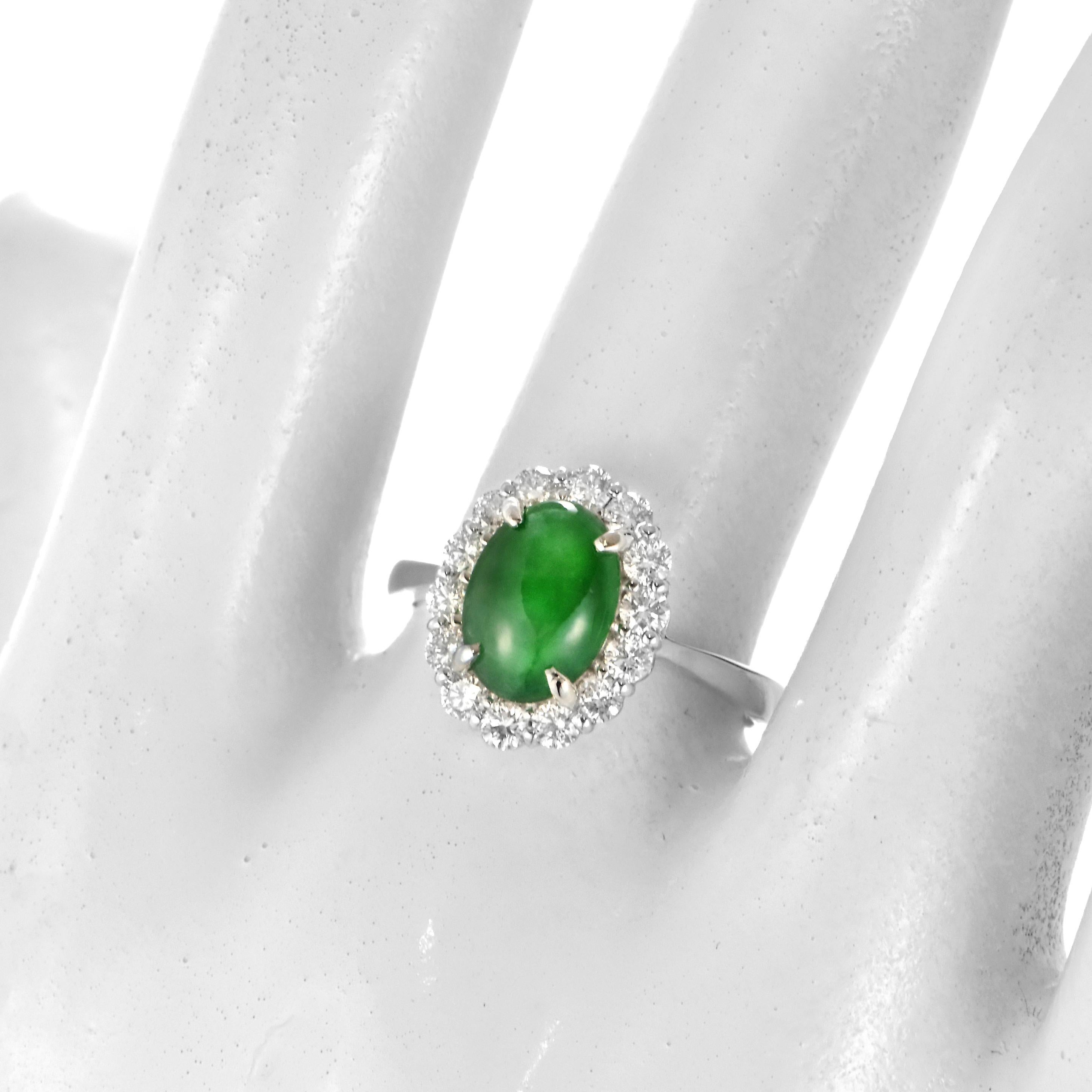 1.77 Carat Natural Type A Jade and Diamond Halo Ring Made in Platinum For Sale 1