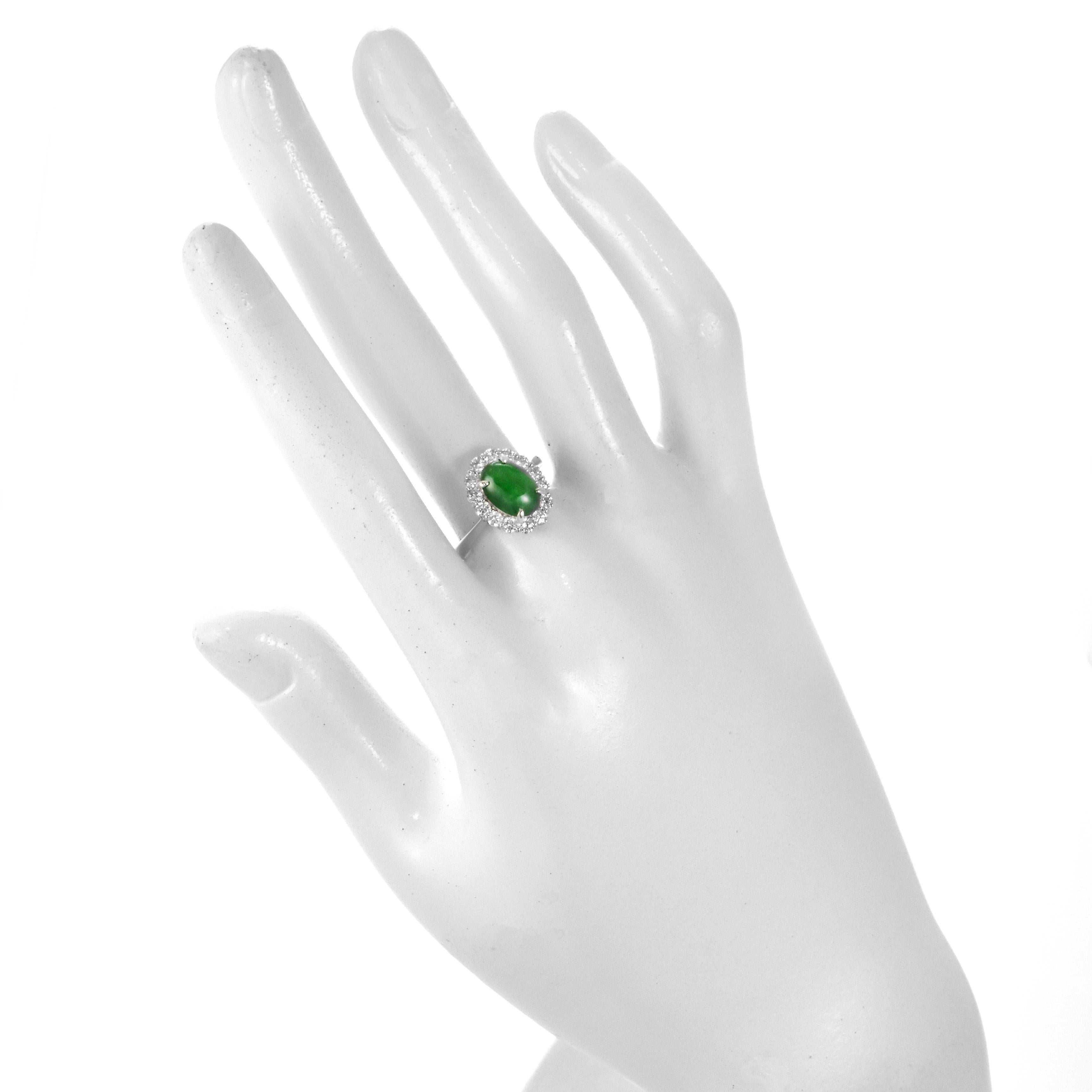 1.77 Carat Natural Type A Jade and Diamond Halo Ring Made in Platinum For Sale 2