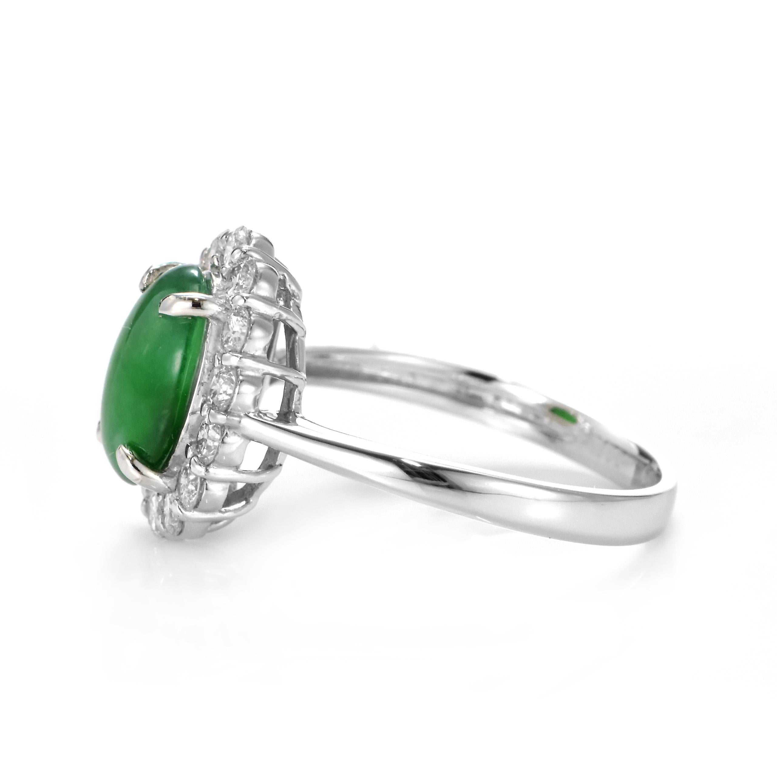 1.77 Carat Natural Type A Jade and Diamond Halo Ring Made in Platinum For Sale 3