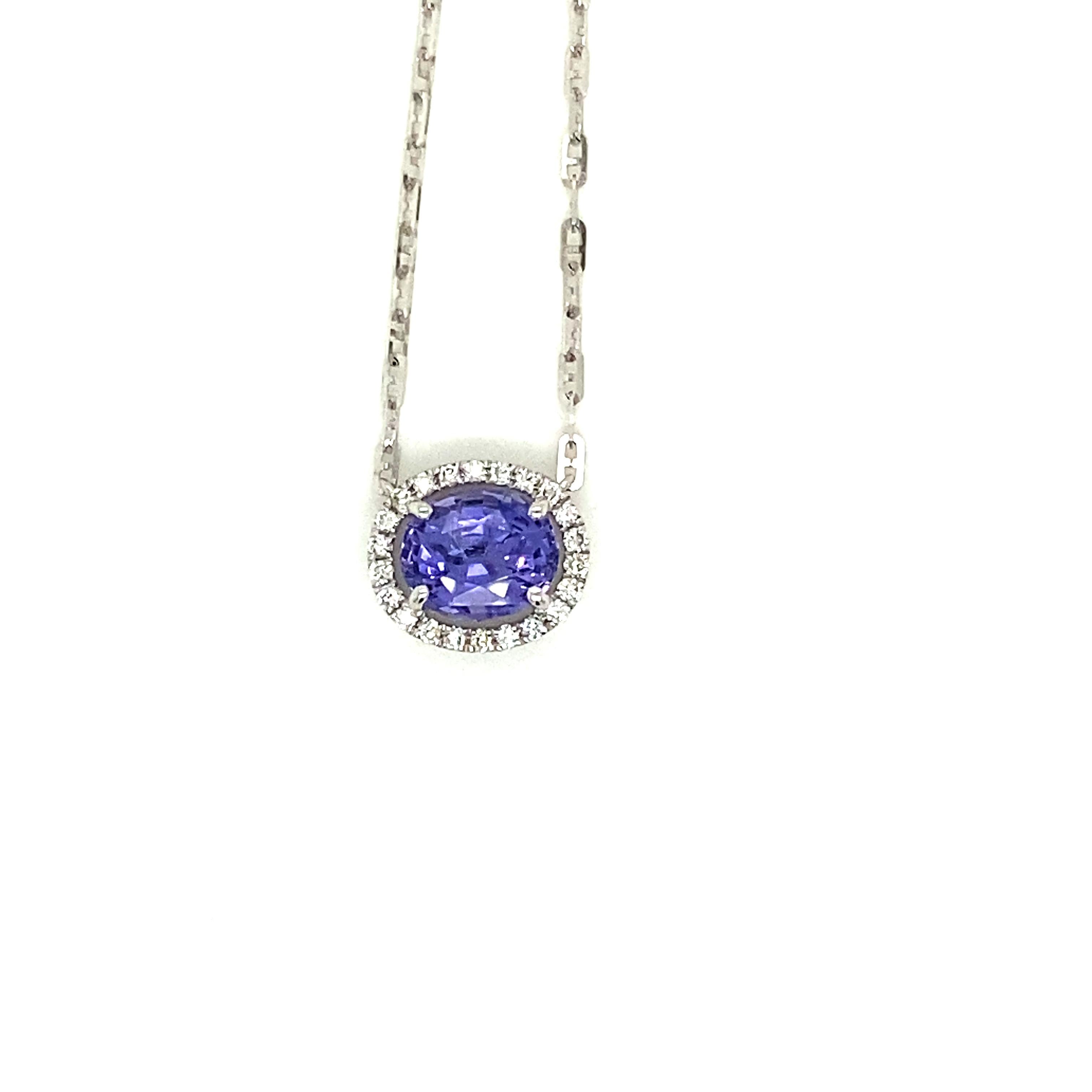 1.77 Carat Oval-Cut Purple Sapphire and White Diamond Pendant Necklace:

A beautiful pendant necklace, it features a 1.77 carat oval-cut purple sapphire in the centre surrounded by a halo of white round-brilliant cut diamonds weighing 0.12 carat.