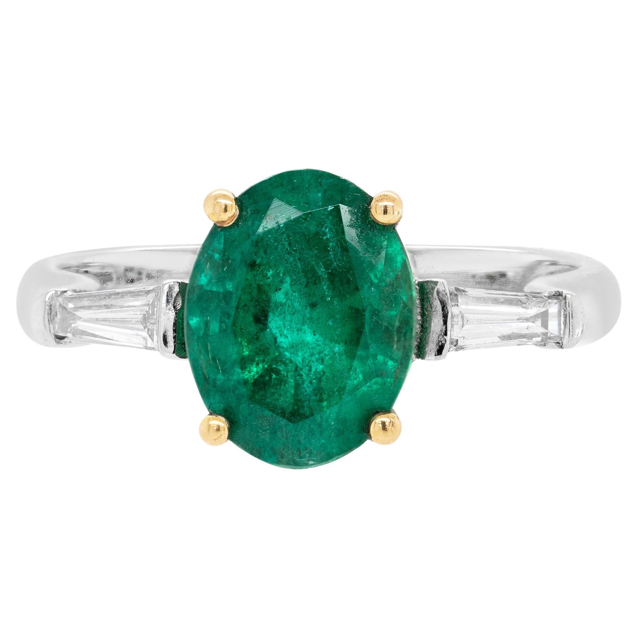 1.77 Carat Oval Emerald and Diamond platinum and 18 Carat Gold Engagement Ring For Sale