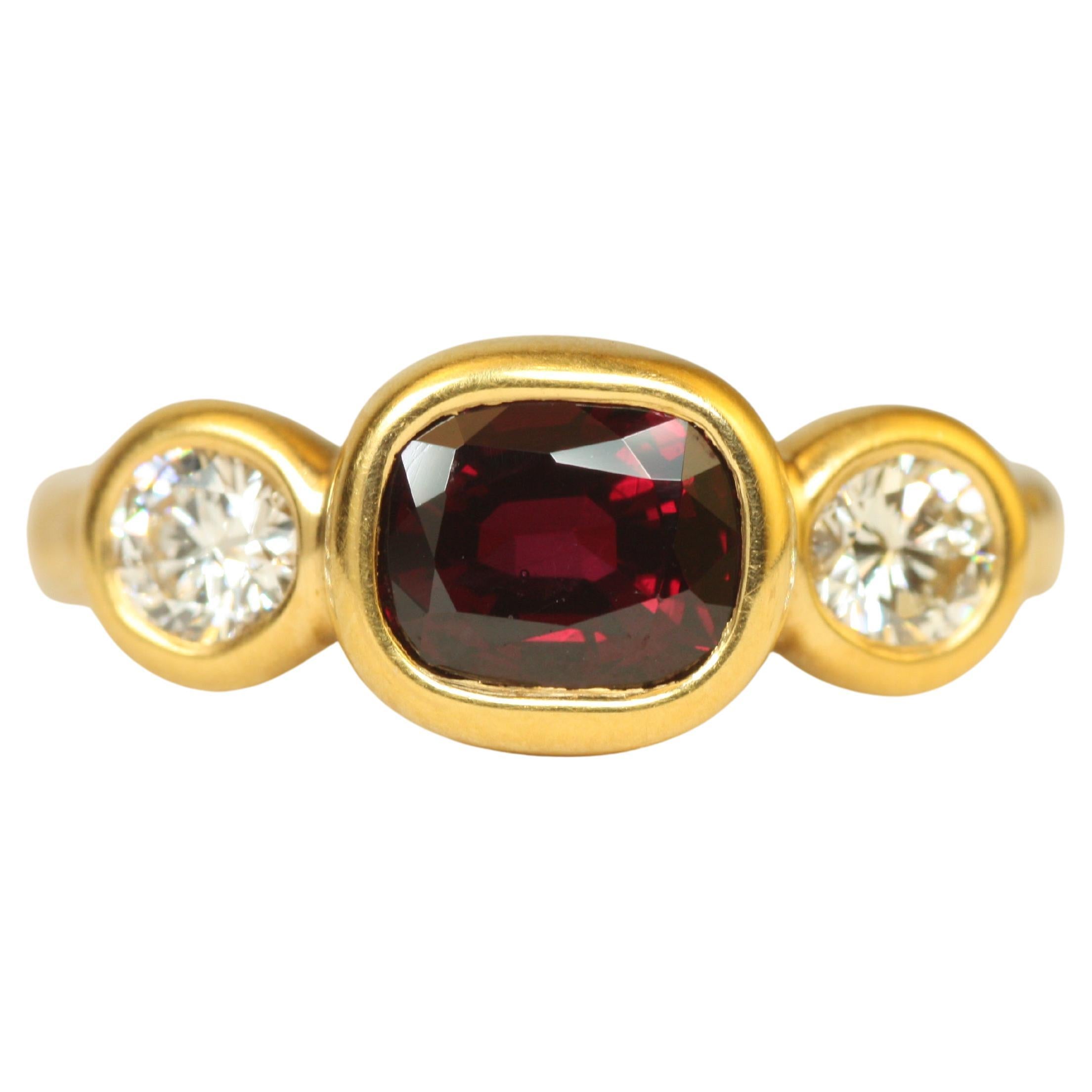 1.77 Carat Oval Ruby & 0.46 Carat Round Cut Diamond 22K Yellow Gold 3-Stone Ring