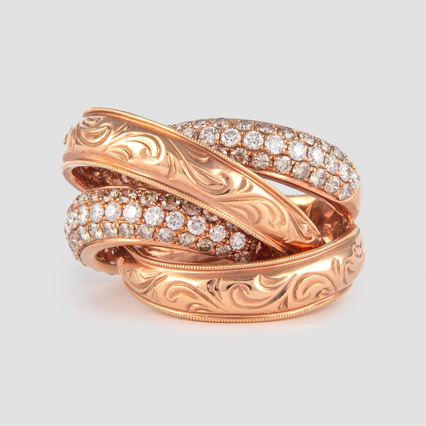 Contemporary 1.77 Carat Pave Set Diamonds and 18 Karat Rose Gold Cocktail Ring For Sale