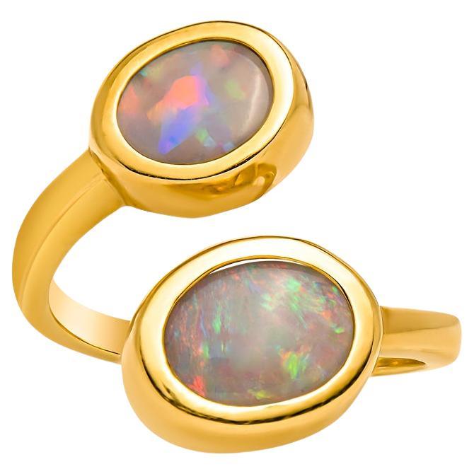 1.77 Carat Total Weight Lightning Ridge Opal 18k Yellow Gold Bypass Ring For Sale