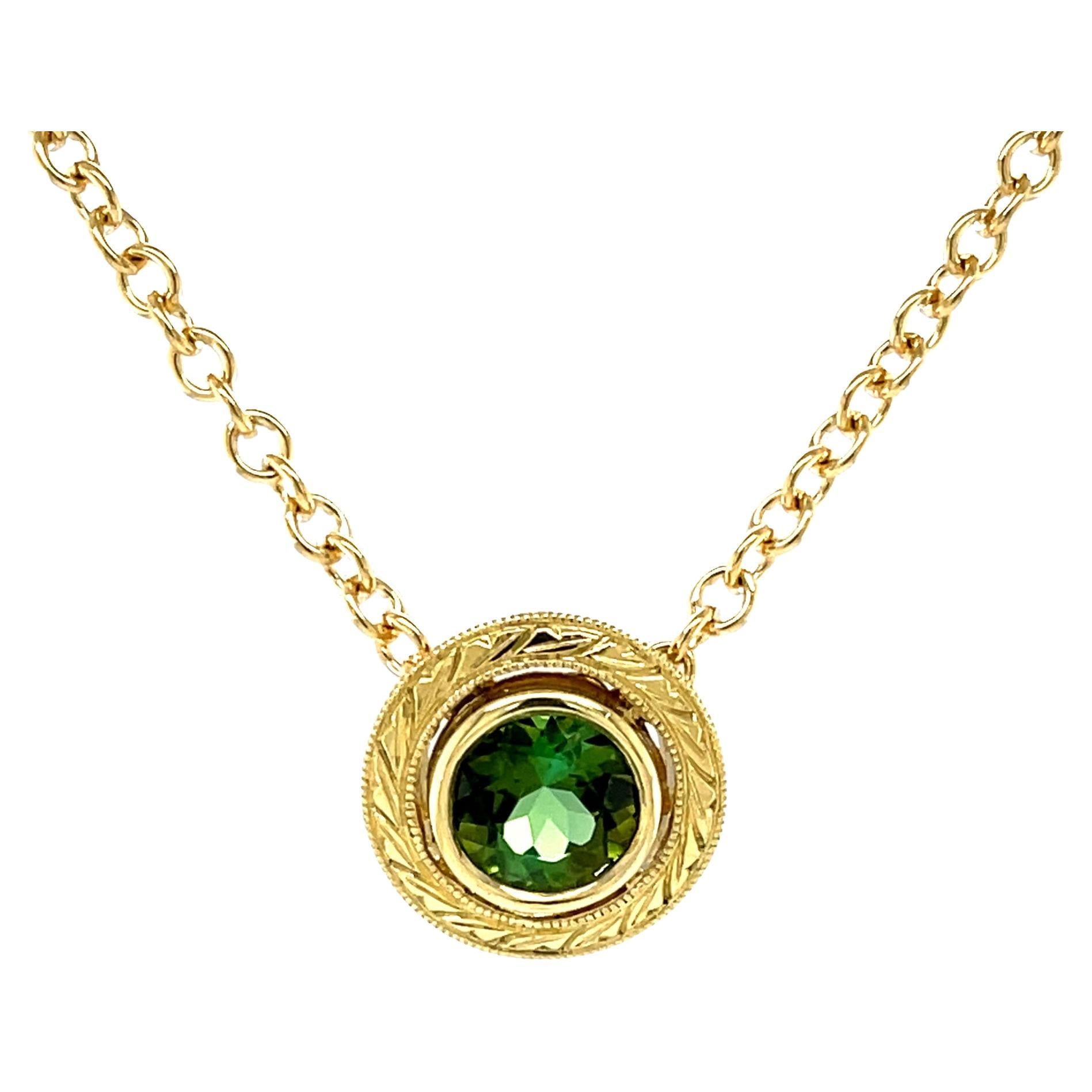 1.77 ct. Bezel Set Tourmaline Yellow Gold Hand Engraved Round Pendant Necklace