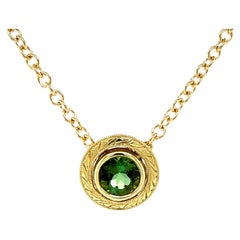 1.77 ct. Bezel Set Tourmaline Yellow Gold Hand Engraved Round Pendant Necklace