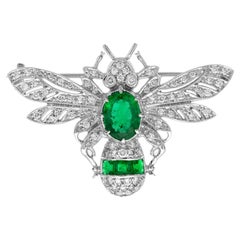 1.77 Ct. Emerald and Diamond Antique Style Bee Brooch in 18K White Gold
