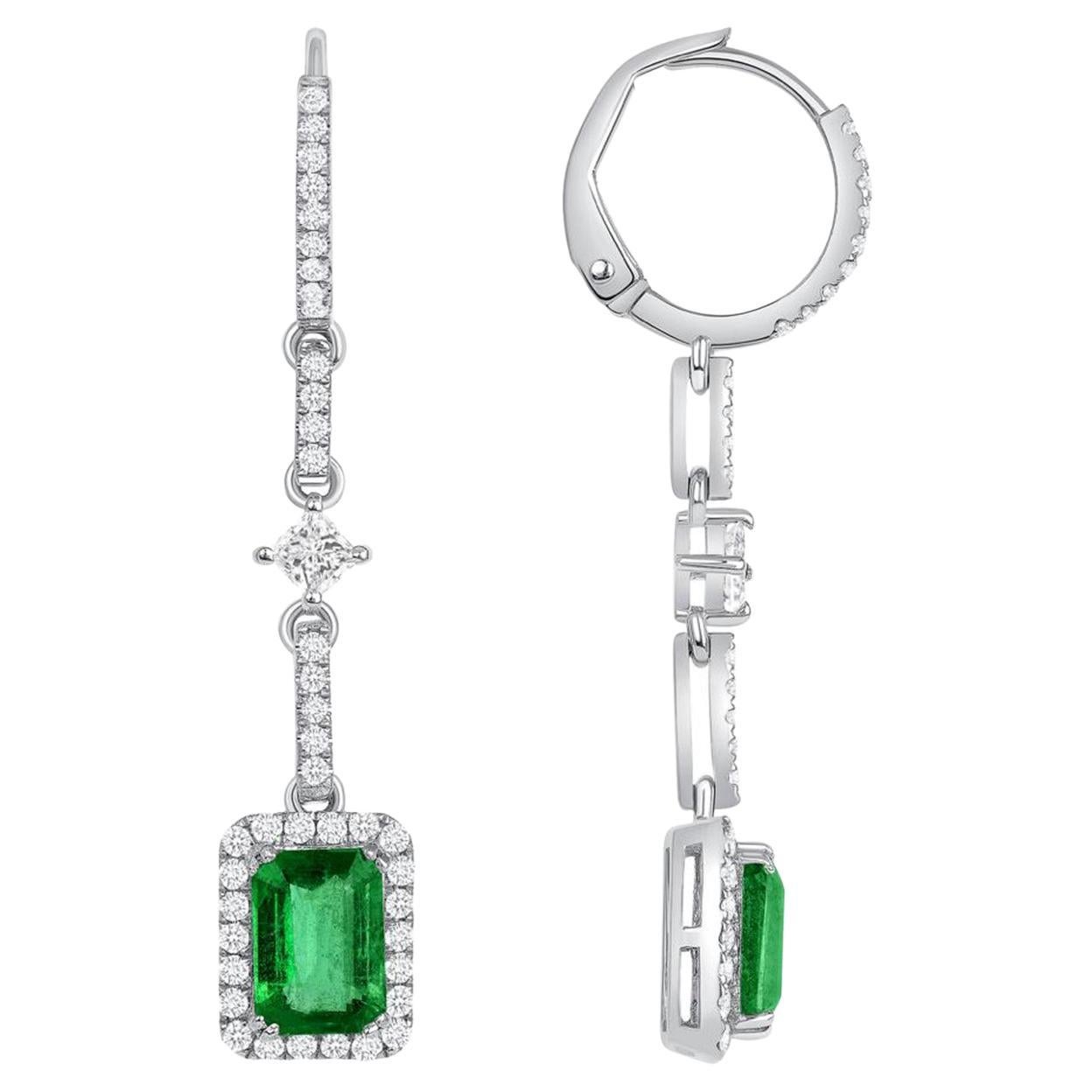1.77 Ct Natural Colombian Emerald 0.78 Ct Diamonds 18K White Gold Drop Earrings For Sale