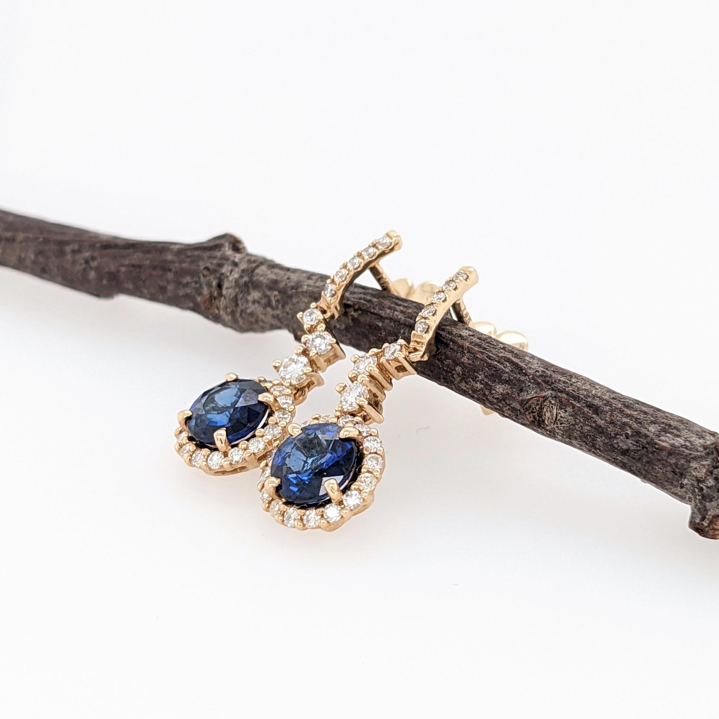 Modernist 1.77 cts Blue Sapphire Dangle Earrings in 14K Gold w Diamond Accents Round 6mm For Sale