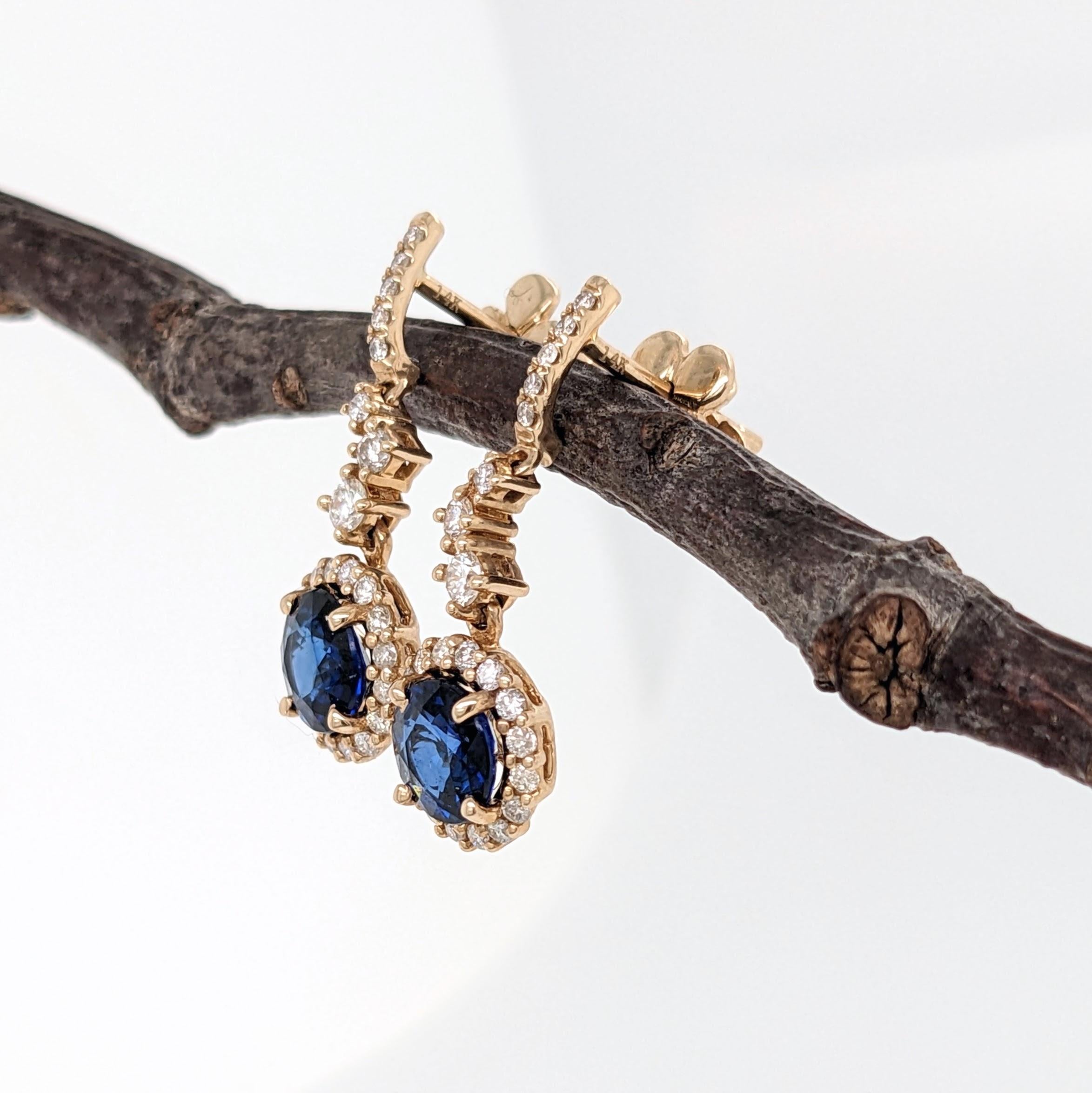 Round Cut 1.77 cts Blue Sapphire Dangle Earrings in 14K Gold w Diamond Accents Round 6mm For Sale
