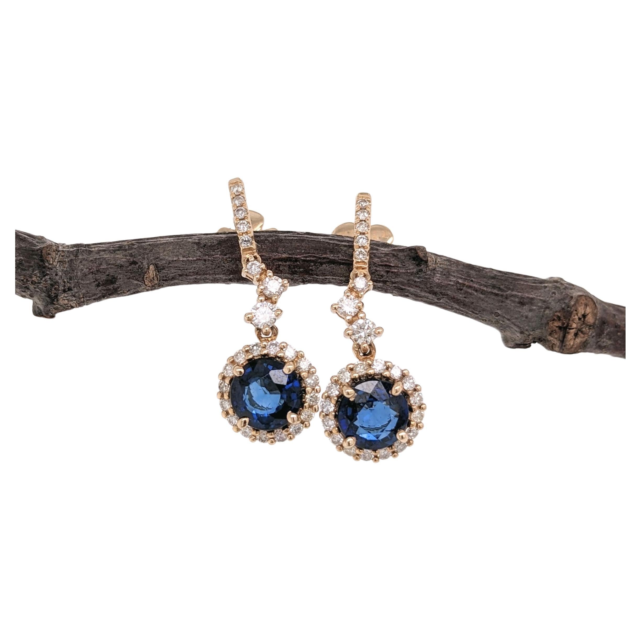 1.77 cts Blue Sapphire Dangle Earrings in 14K Gold w Diamond Accents Round 6mm For Sale