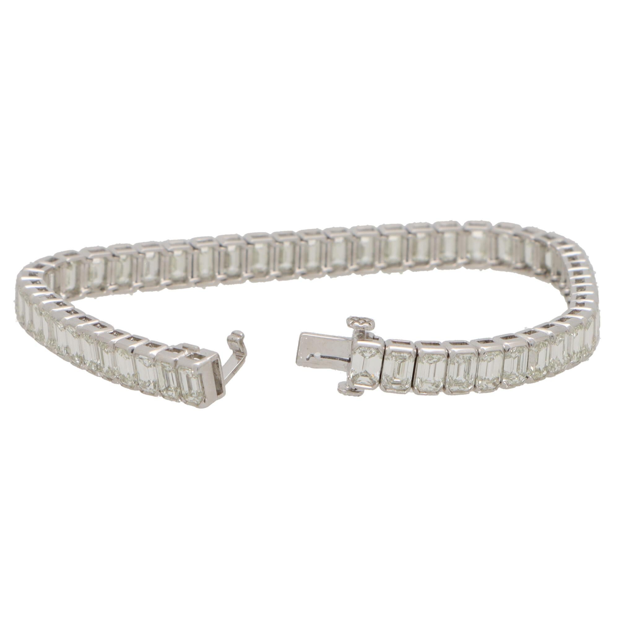 Modern 17.70 Carat Emerald Cut Diamond Line Tennis Bracelet Set in Platinum