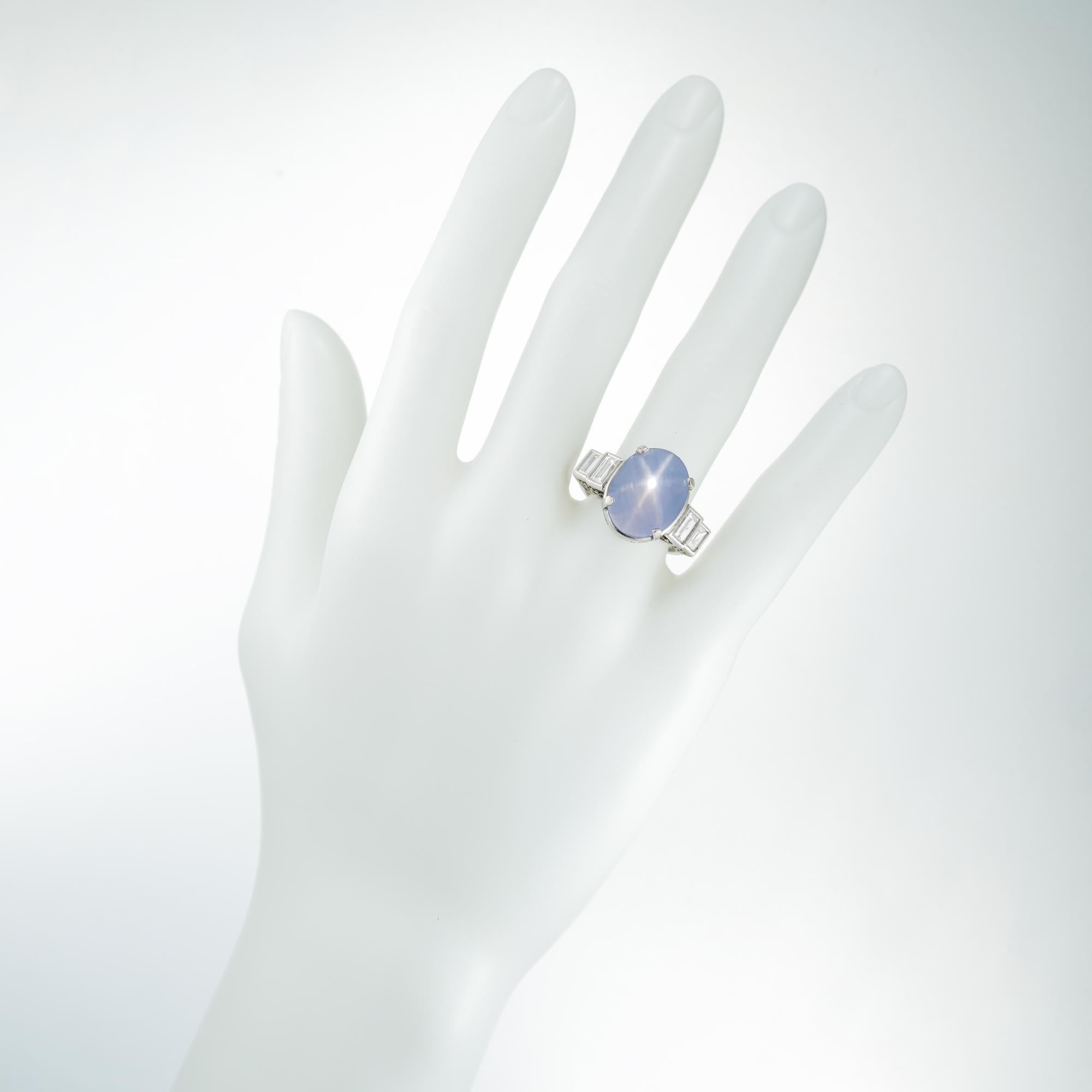 Baguette Cut 17.70 Carat Pale Blue Star Sapphire Diamond Platinum Cocktail Ring