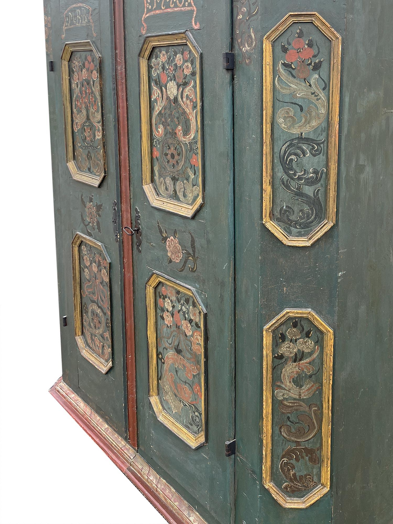 Baroque 1770 Green Floral Painted Wardrobe For Sale