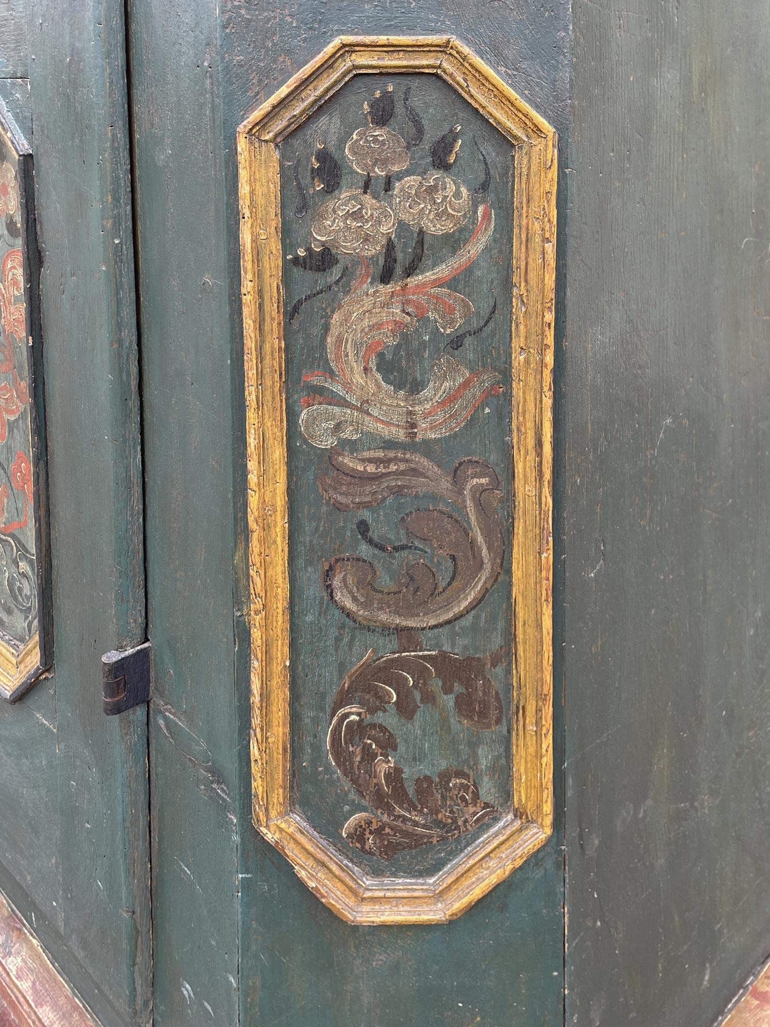 Hand-Carved 1770 Green Floral Painted Wardrobe For Sale