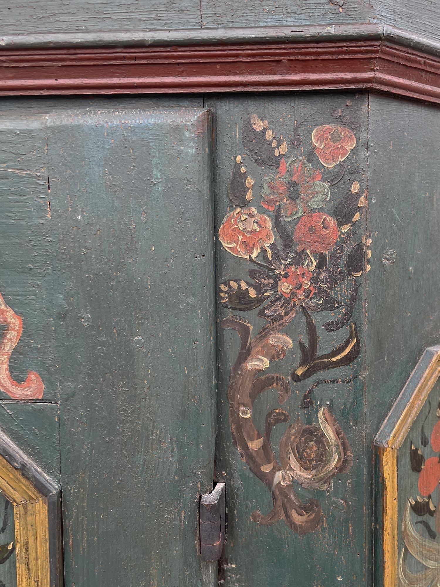 Late 18th Century 1770 Green Floral Painted Wardrobe For Sale