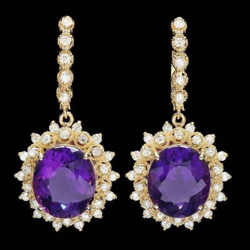 Mixed Cut 17.70ct Natural Amethyst and Diamond 14K Solid Yellow Gold Earrings For Sale