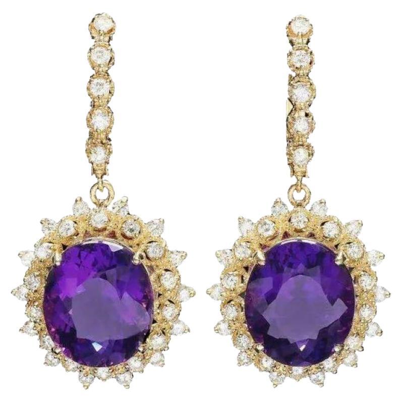 17.70ct Natural Amethyst and Diamond 14K Solid Yellow Gold Earrings For Sale