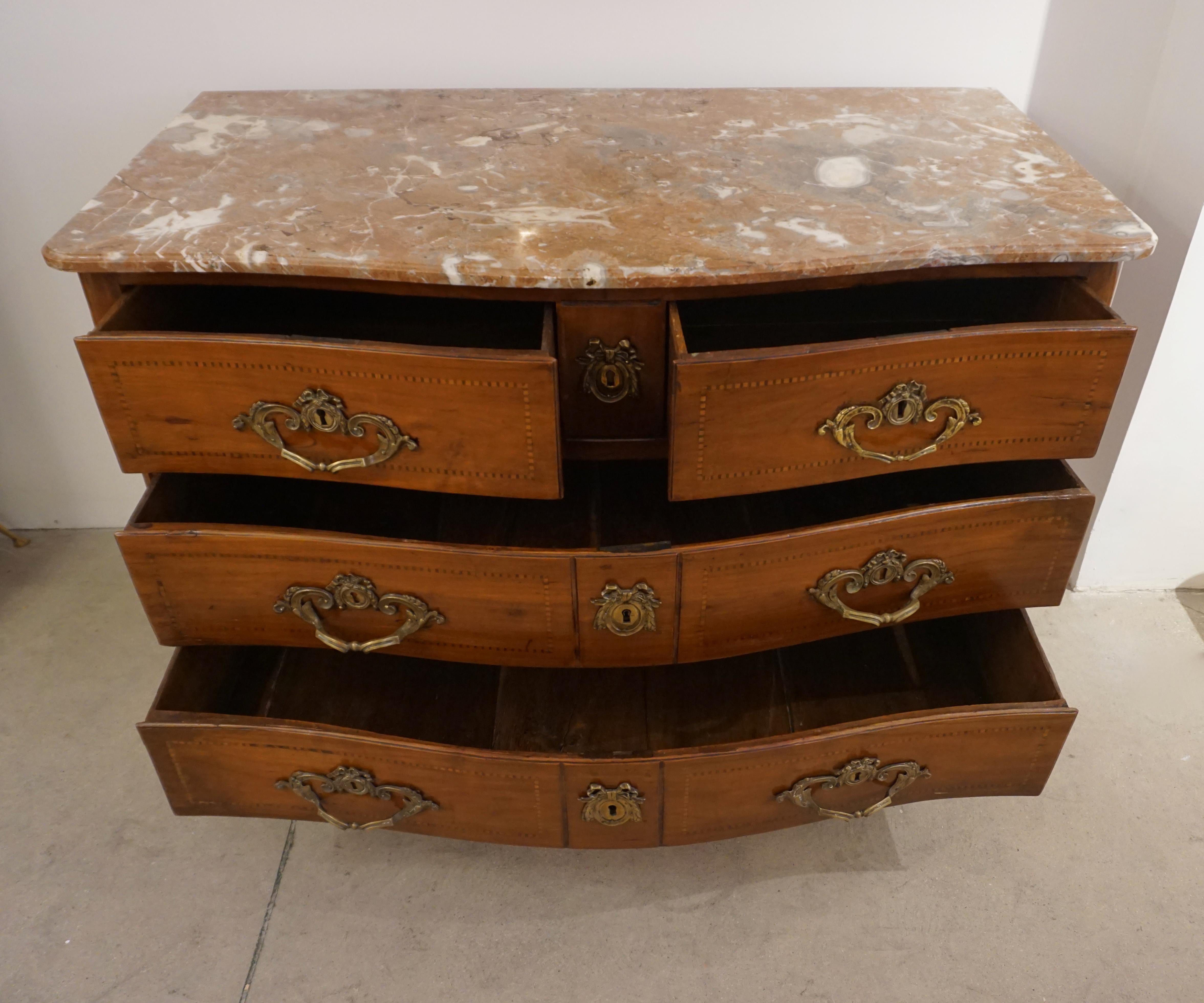 18th-Century French Bow Front Marquetry Walnut & Marble Top Provincial Commode For Sale 2