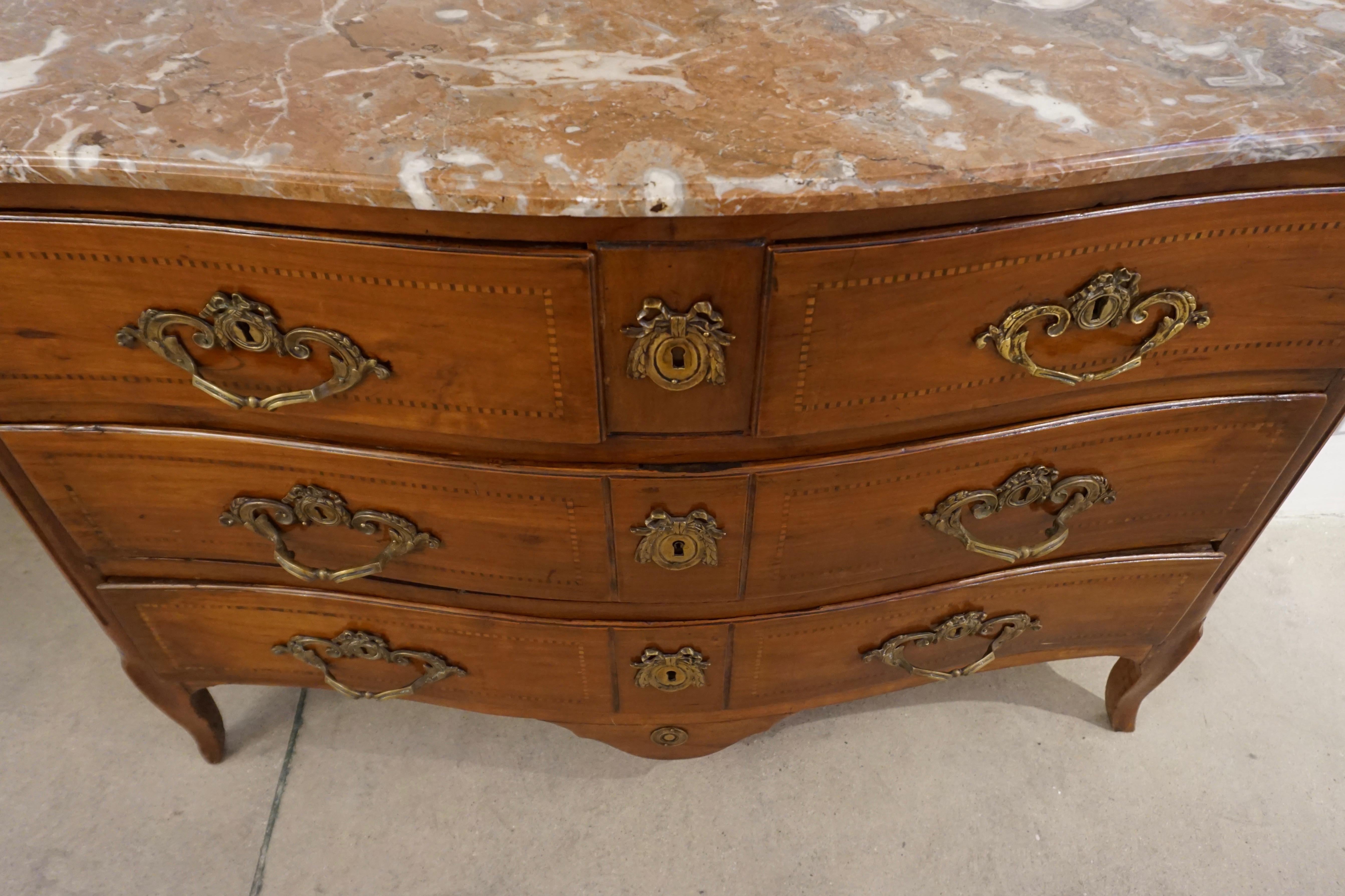 18th-Century French Bow Front Marquetry Walnut & Marble Top Provincial Commode For Sale 3