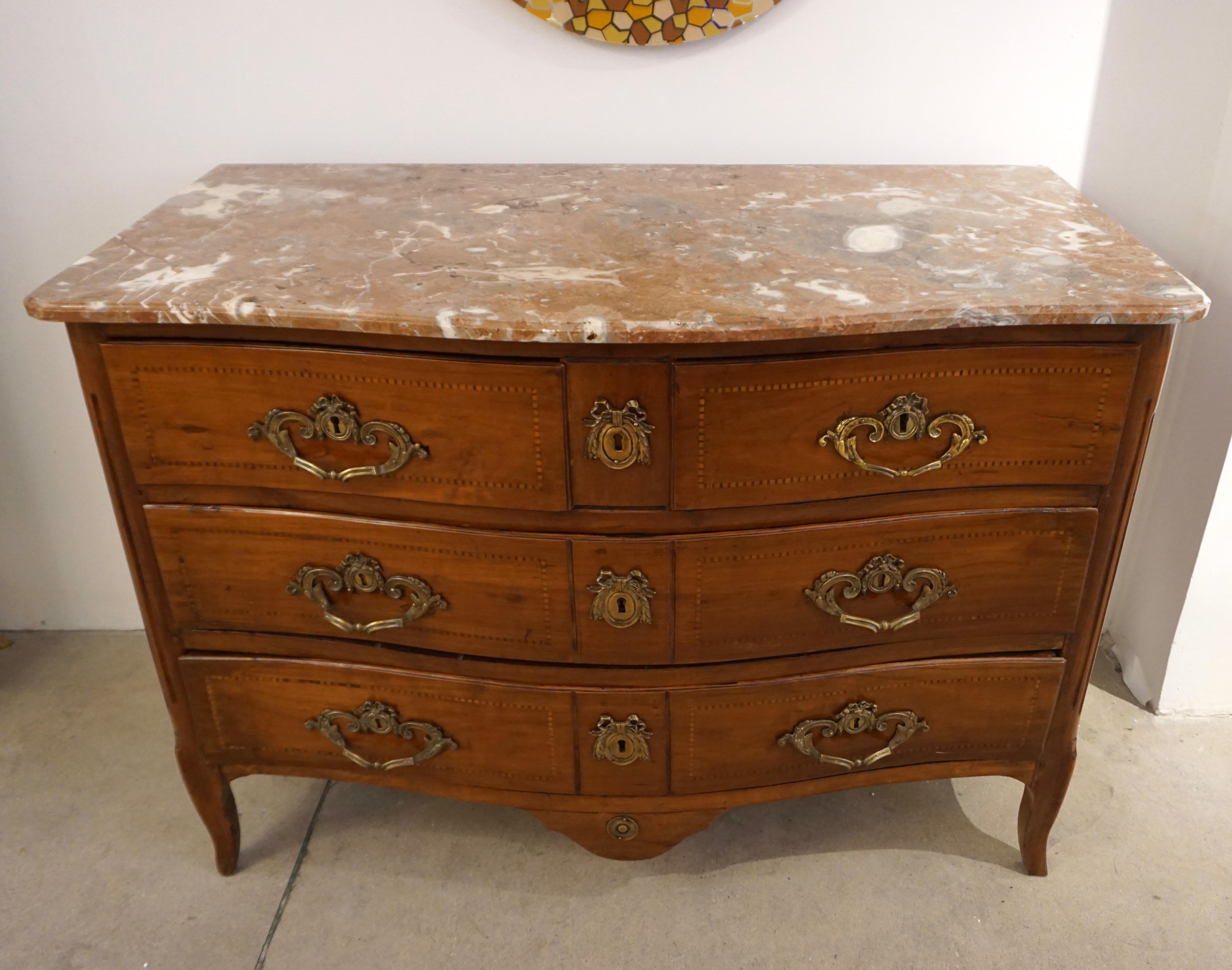 18th-Century French Bow Front Marquetry Walnut & Marble Top Provincial Commode For Sale 6