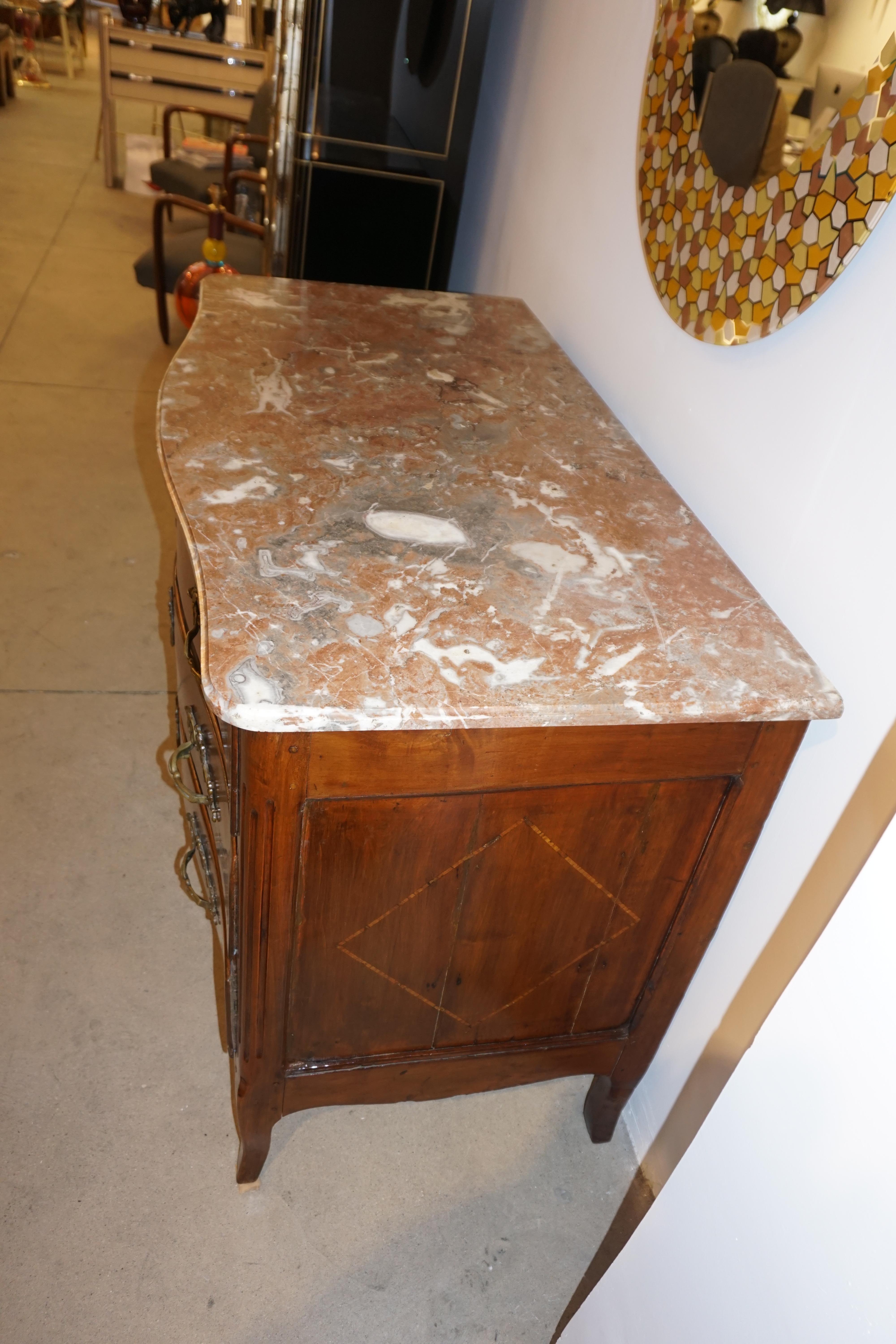 18th-Century French Bow Front Marquetry Walnut & Marble Top Provincial Commode For Sale 7