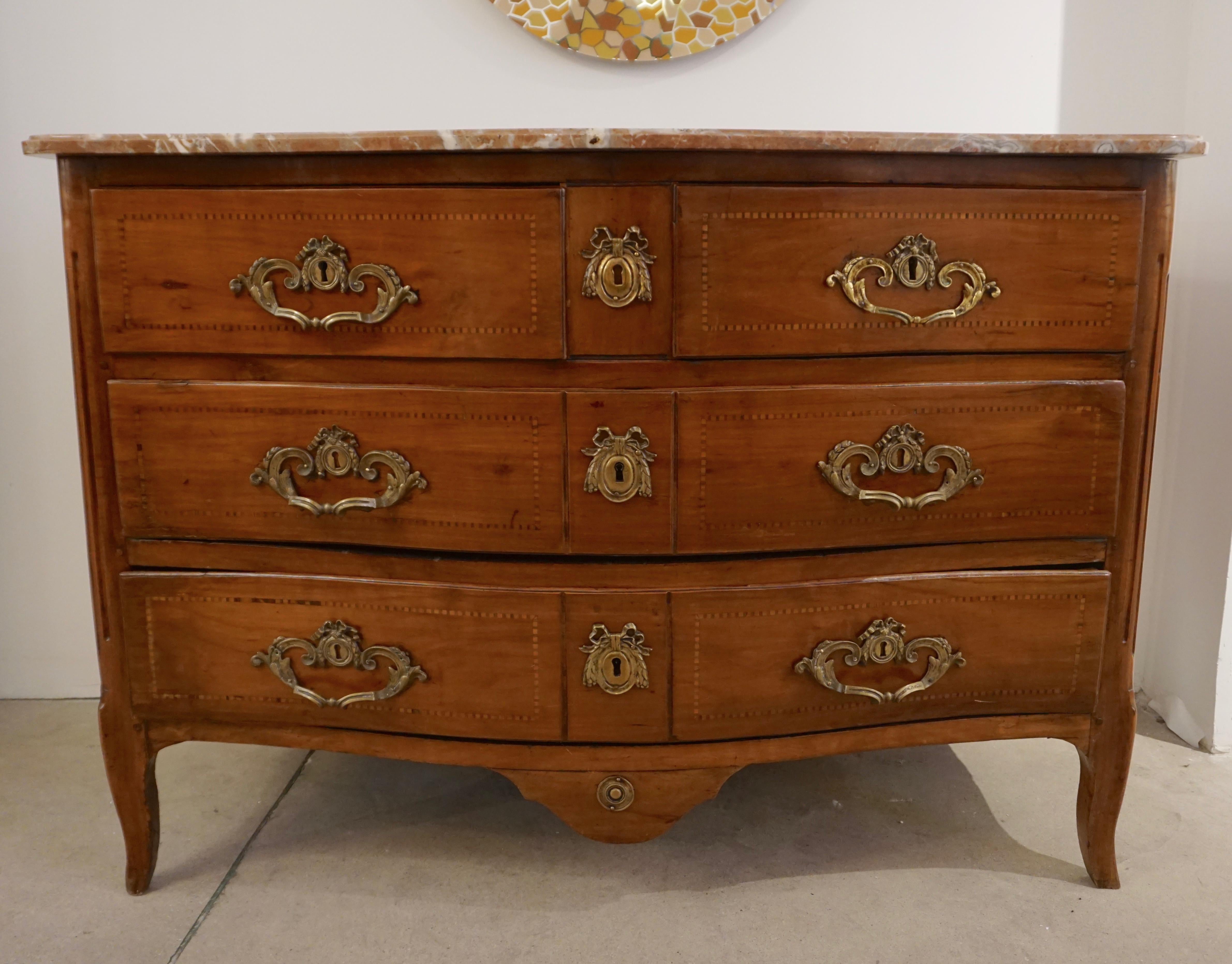 18th-Century French Bow Front Marquetry Walnut & Marble Top Provincial Commode For Sale 8