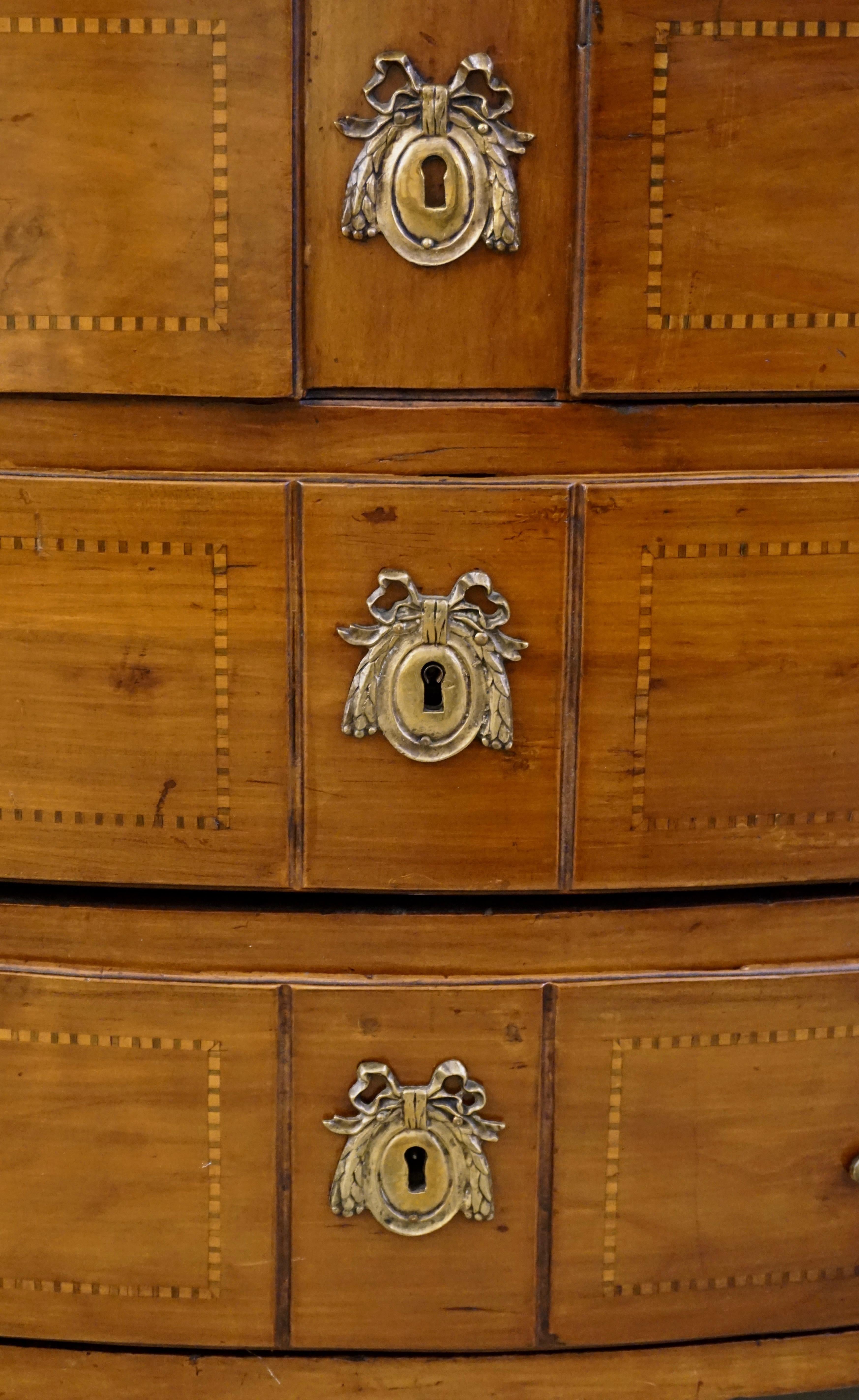 Hand-Crafted 18th-Century French Bow Front Marquetry Walnut & Marble Top Provincial Commode For Sale