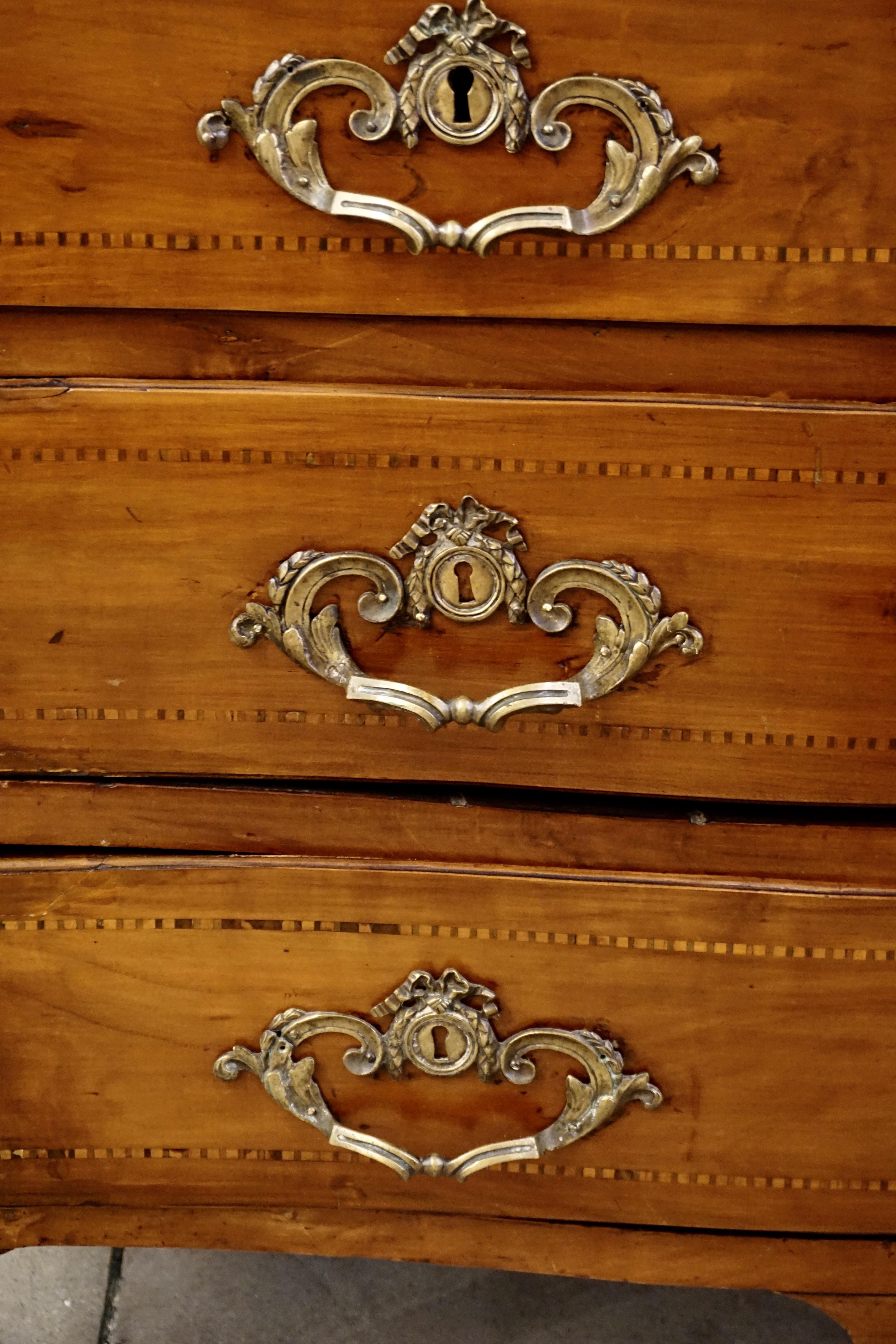 18th-Century French Bow Front Marquetry Walnut & Marble Top Provincial Commode In Good Condition For Sale In New York, NY