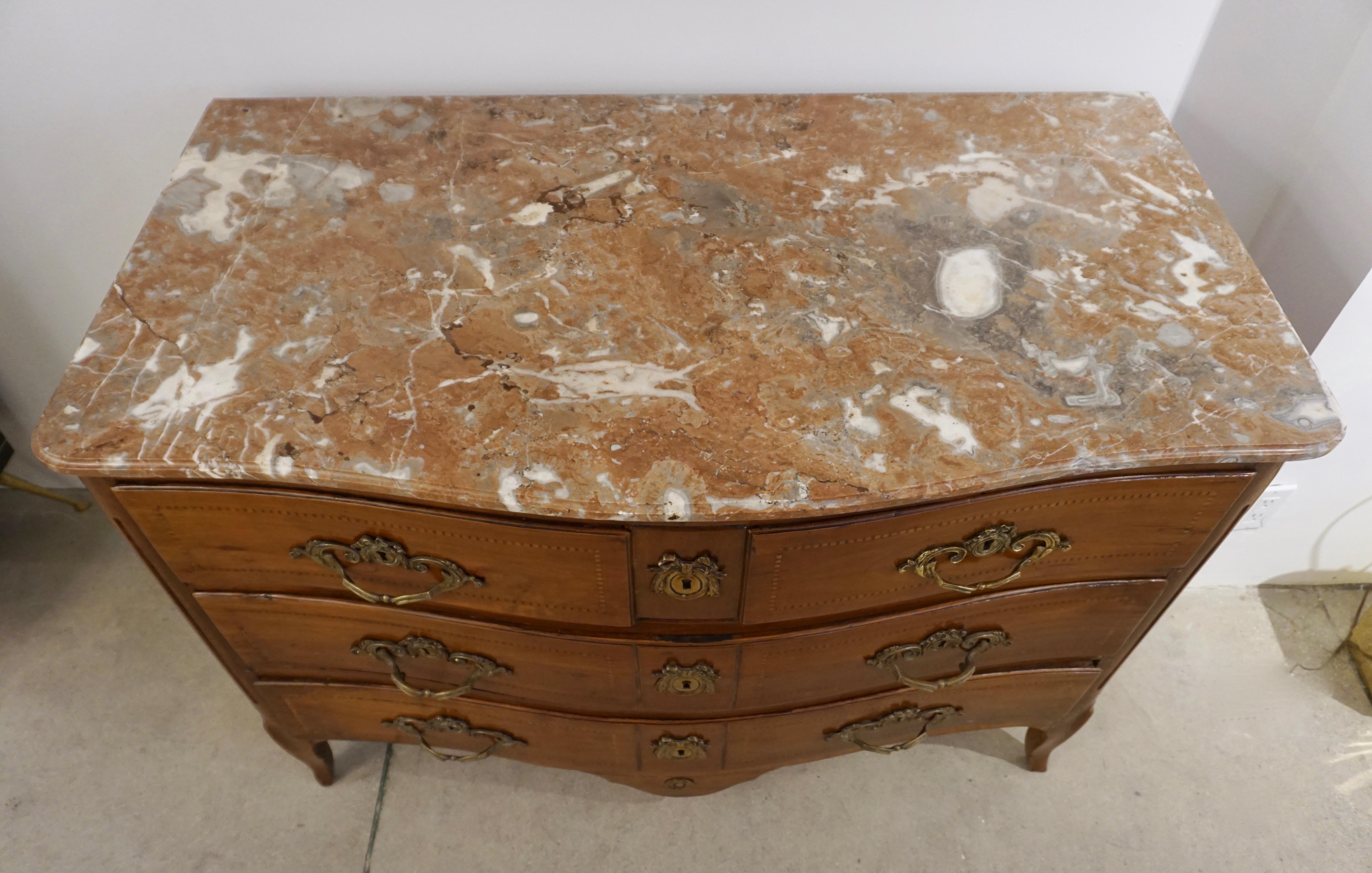 Bronze 18th-Century French Bow Front Marquetry Walnut & Marble Top Provincial Commode For Sale