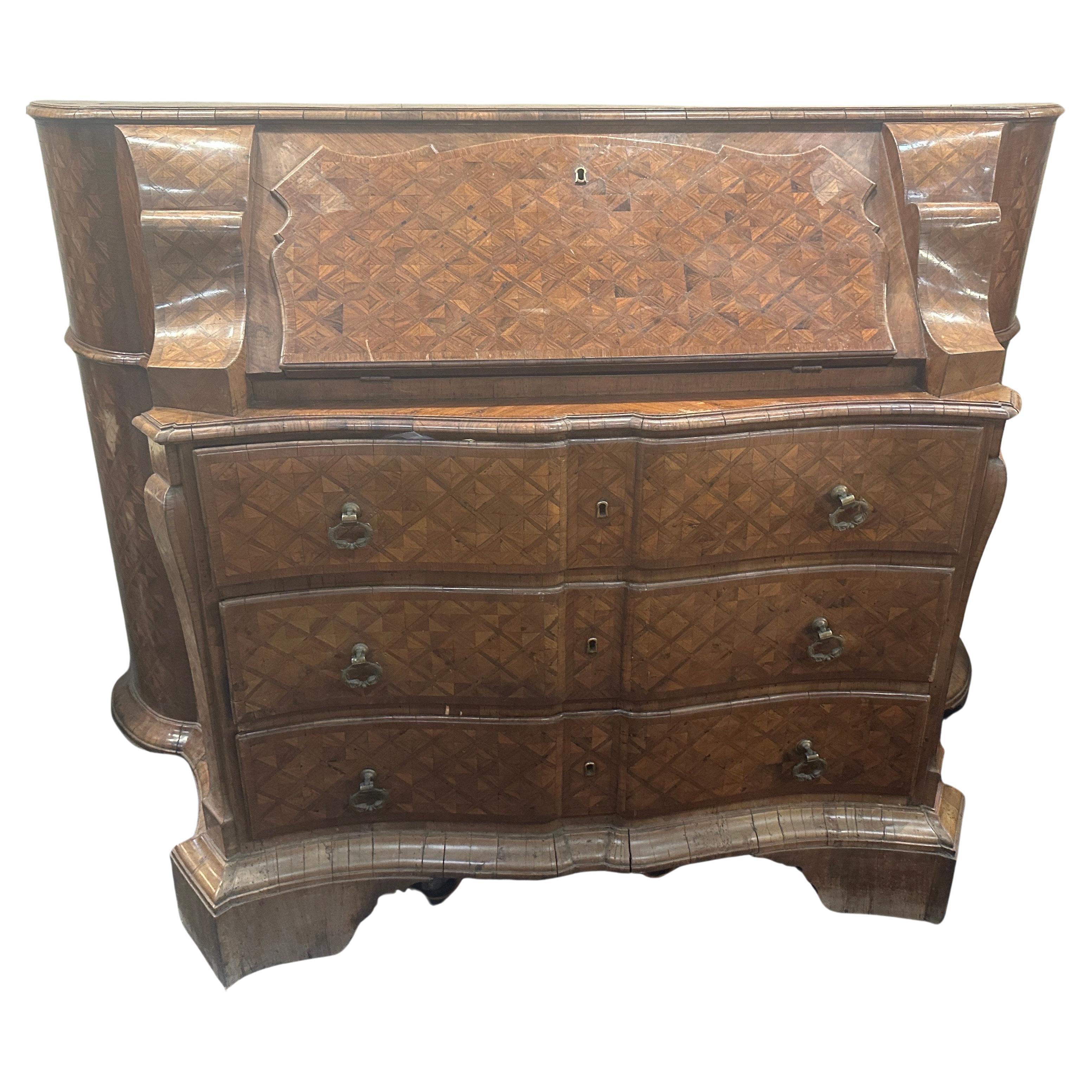 Italian 1770s Louis XV Important Roman Marquetry Flap Dresser For Sale