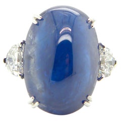 17.71 Carat GRS Certified Burma No Heat Sapphire Cabochon and White Diamond Ring