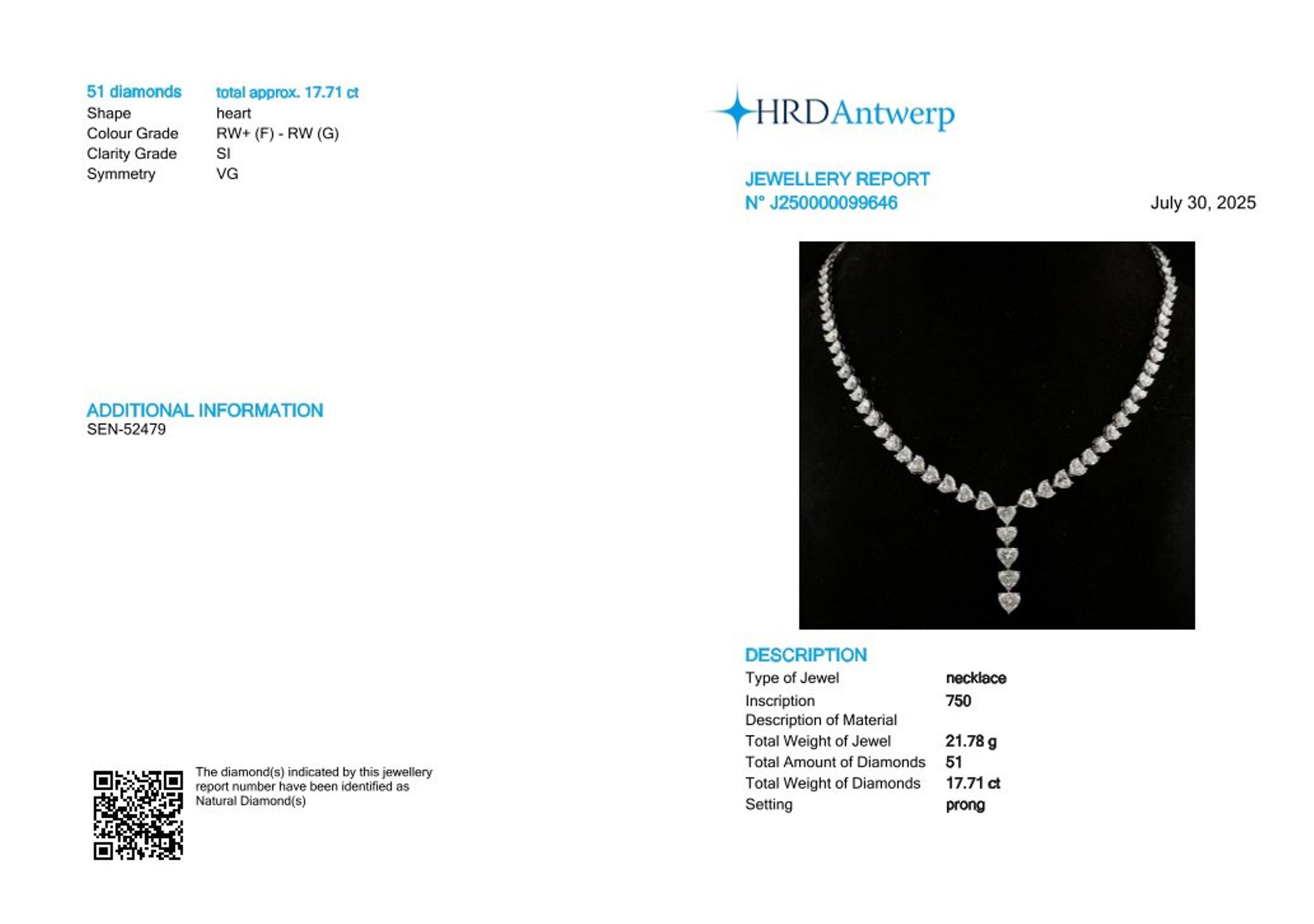 Cuore Collana con diamanti certificati HRD da 17,71 carati in oro bianco 18k Gioielli di pregio in vendita