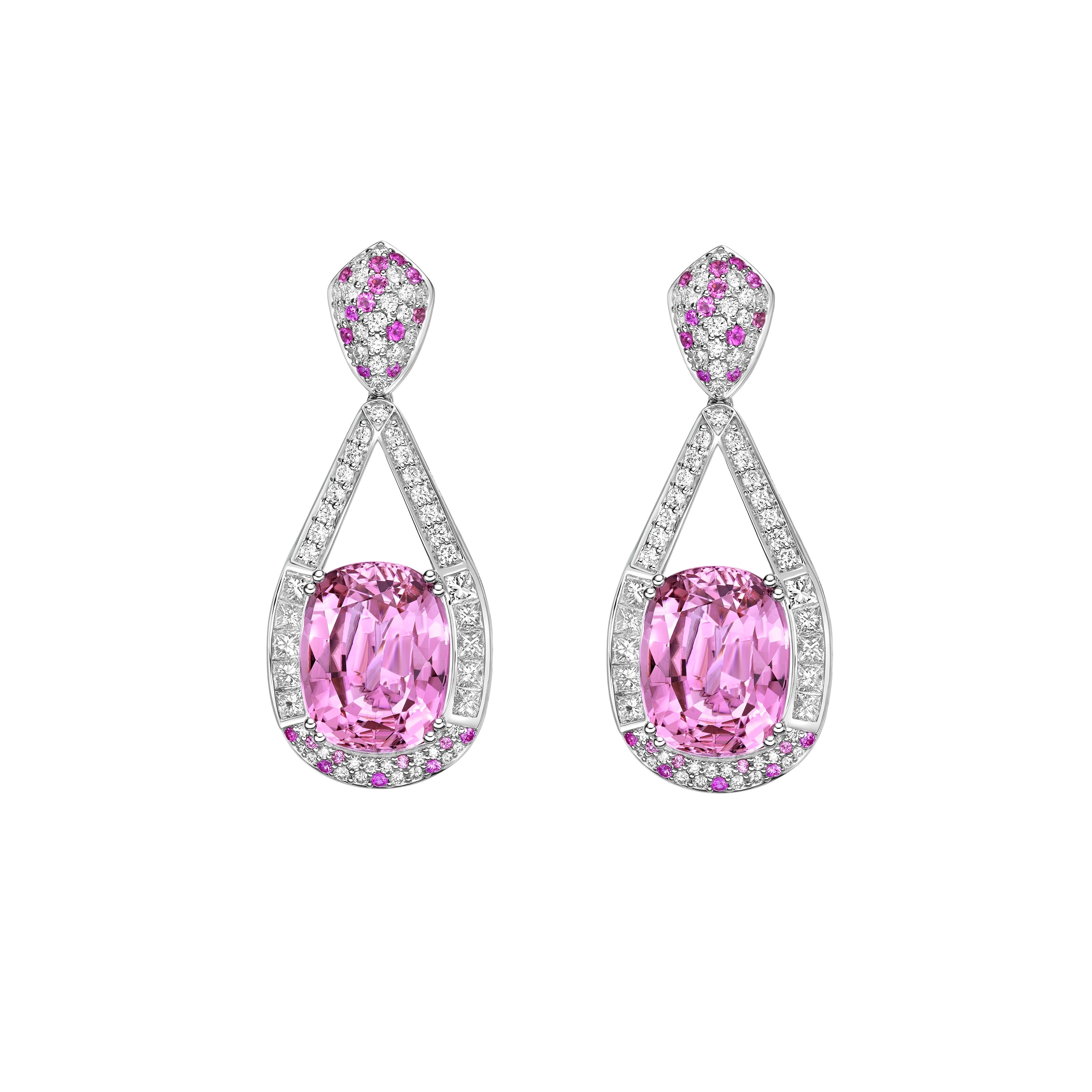 Contemporary 17.72 Carat Pink Tourmaline Drop Earrings in 18Karat White Gold with Diamond. For Sale