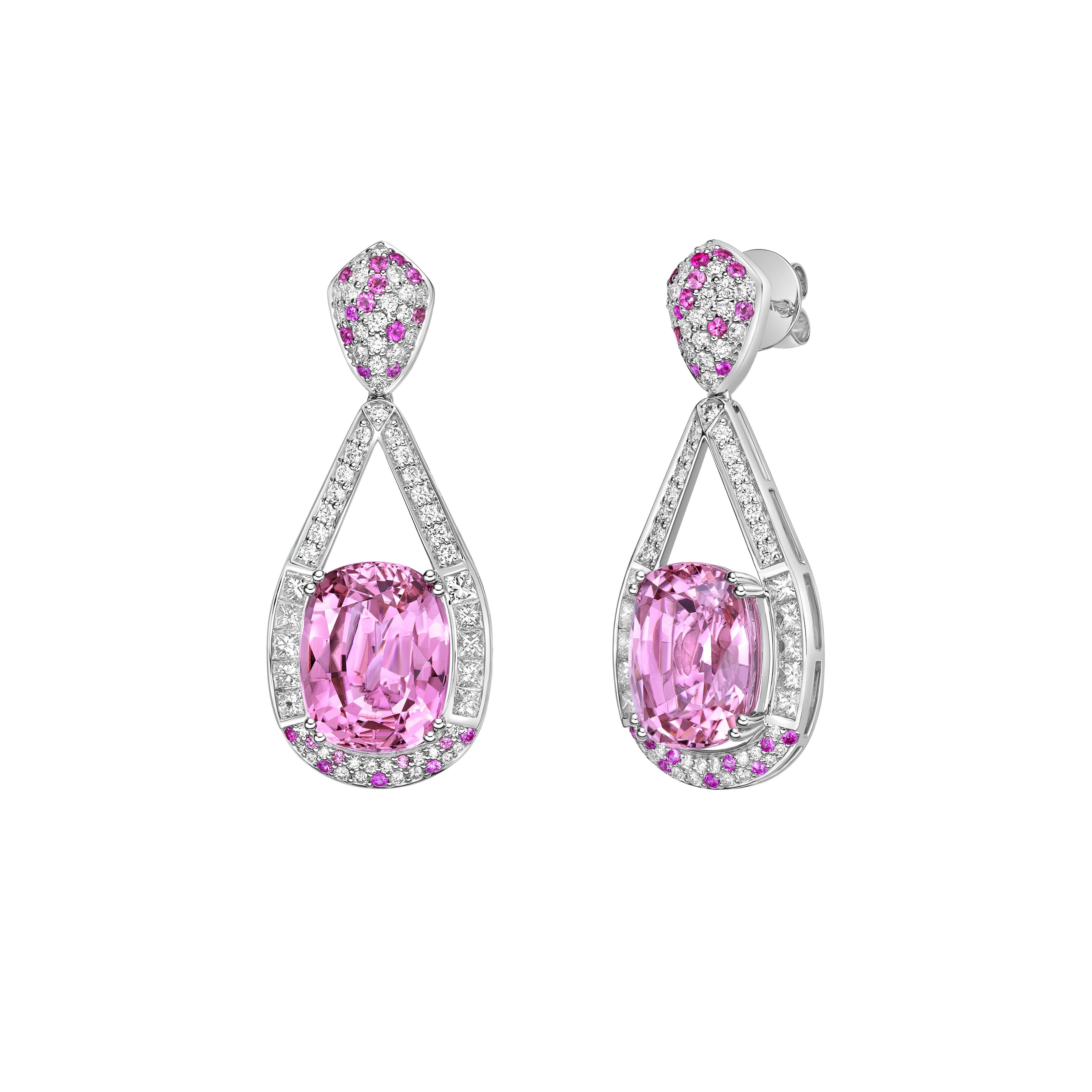 Cushion Cut 17.72 Carat Pink Tourmaline Drop Earrings in 18Karat White Gold with Diamond. For Sale