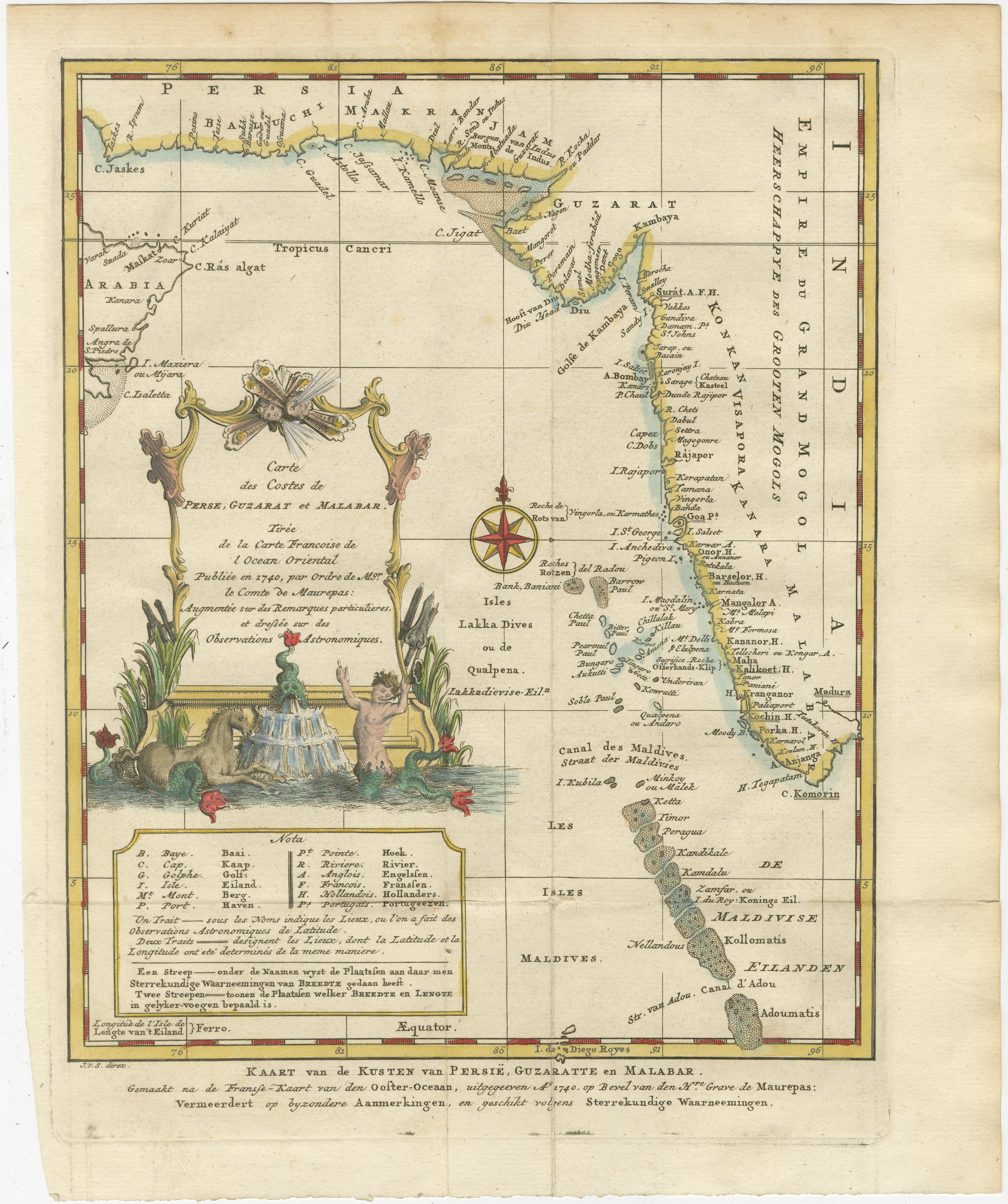 1773 Bellin map of Persia, Gujarat and Malabar coasts with Arabia and Maldives

Description:  
This finely engraved and delicately hand-colored 18th-century map titled Kaart van de Kusten van Persië, Guzaratte en Malabar was produced by the eminent