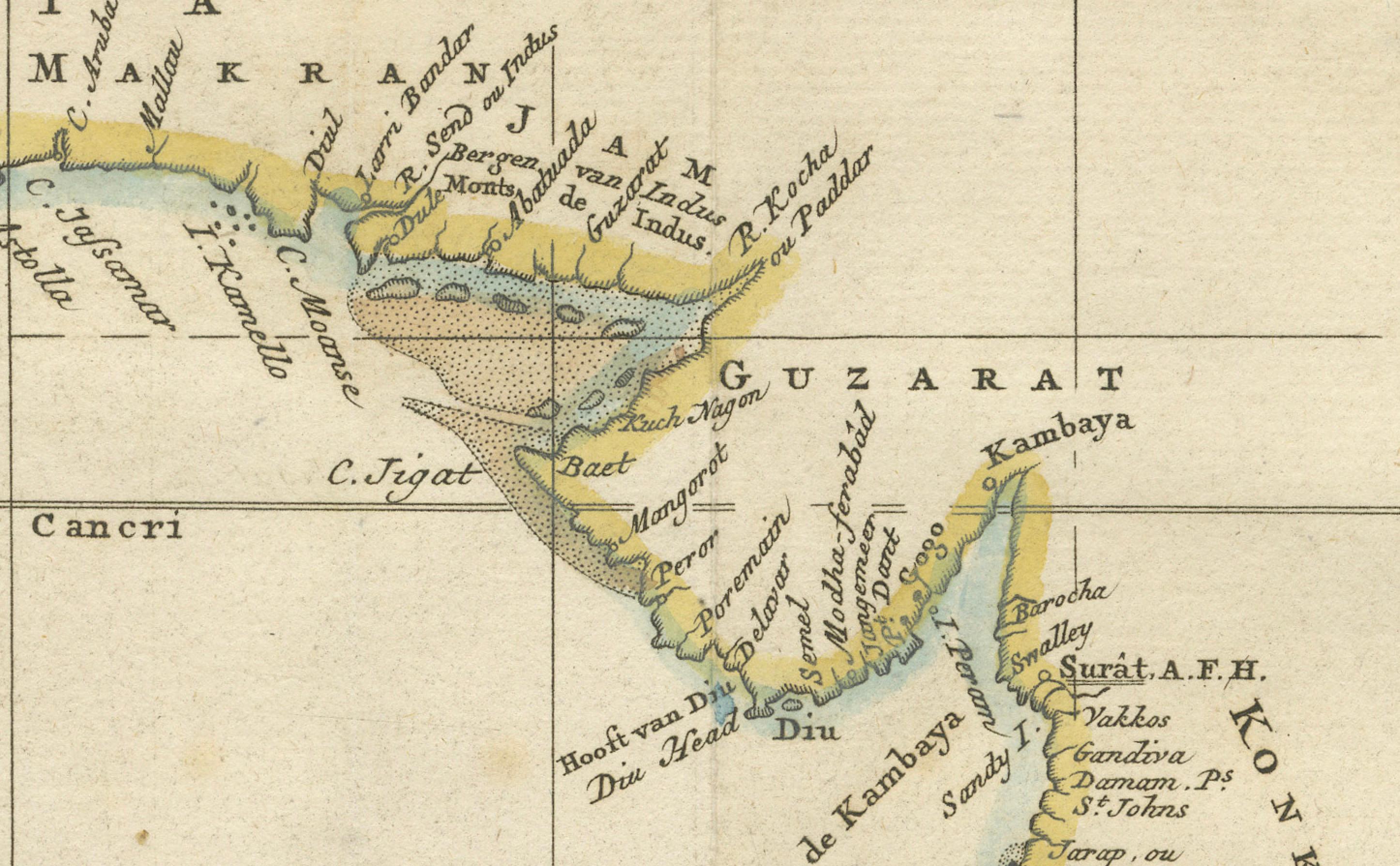 Engraved 1773 Map of Persia, Gujarat & Malabar Coasts – Arabia to India, Hand-Colored For Sale