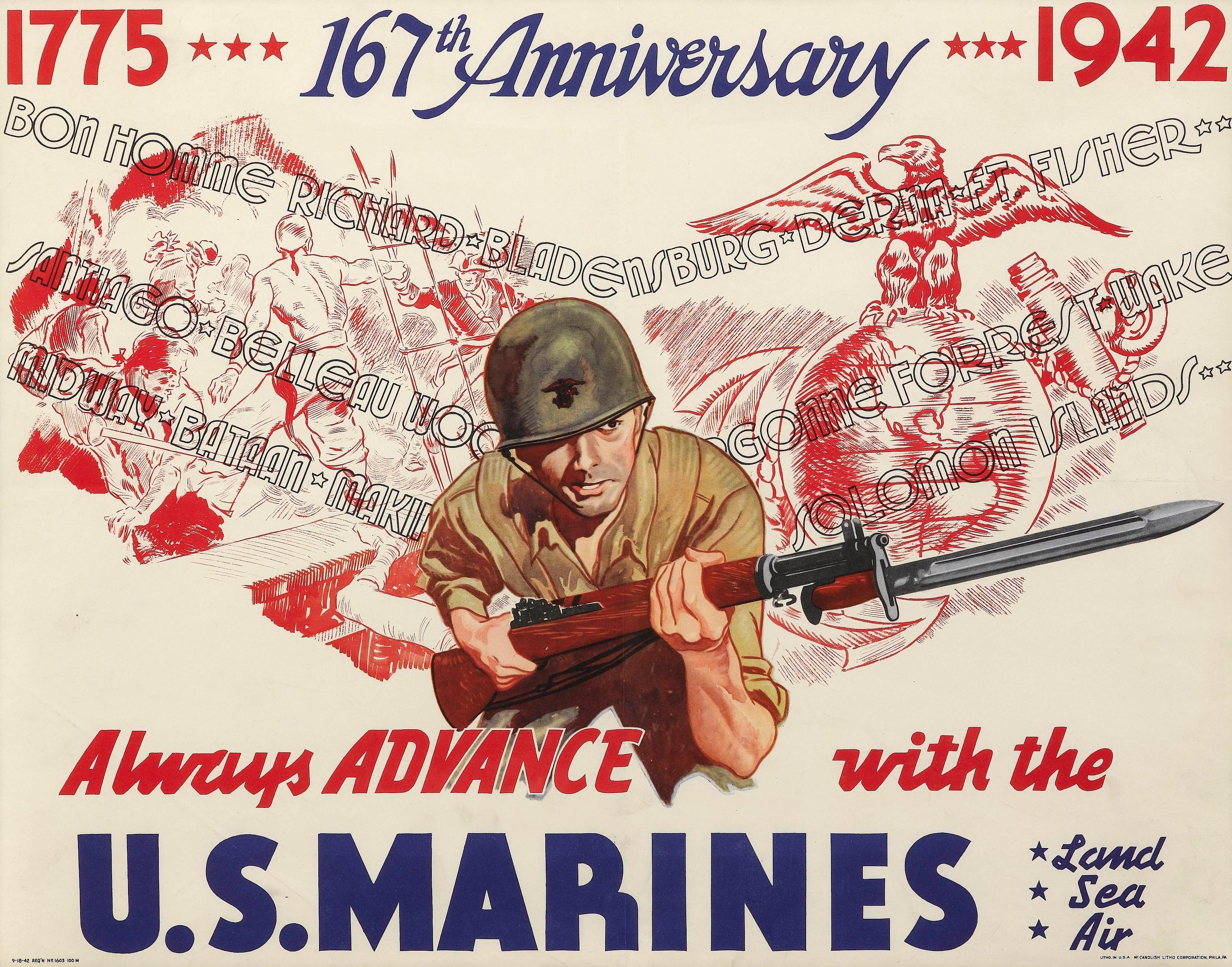 Presented is a vintage 1942 United States Marine Corps poster, celebrating the organization's 167th Anniversary. The poster features a dynamic illustration of an American marine wearing a green helmet with the Marines iconic eagle, globe, and anchor
