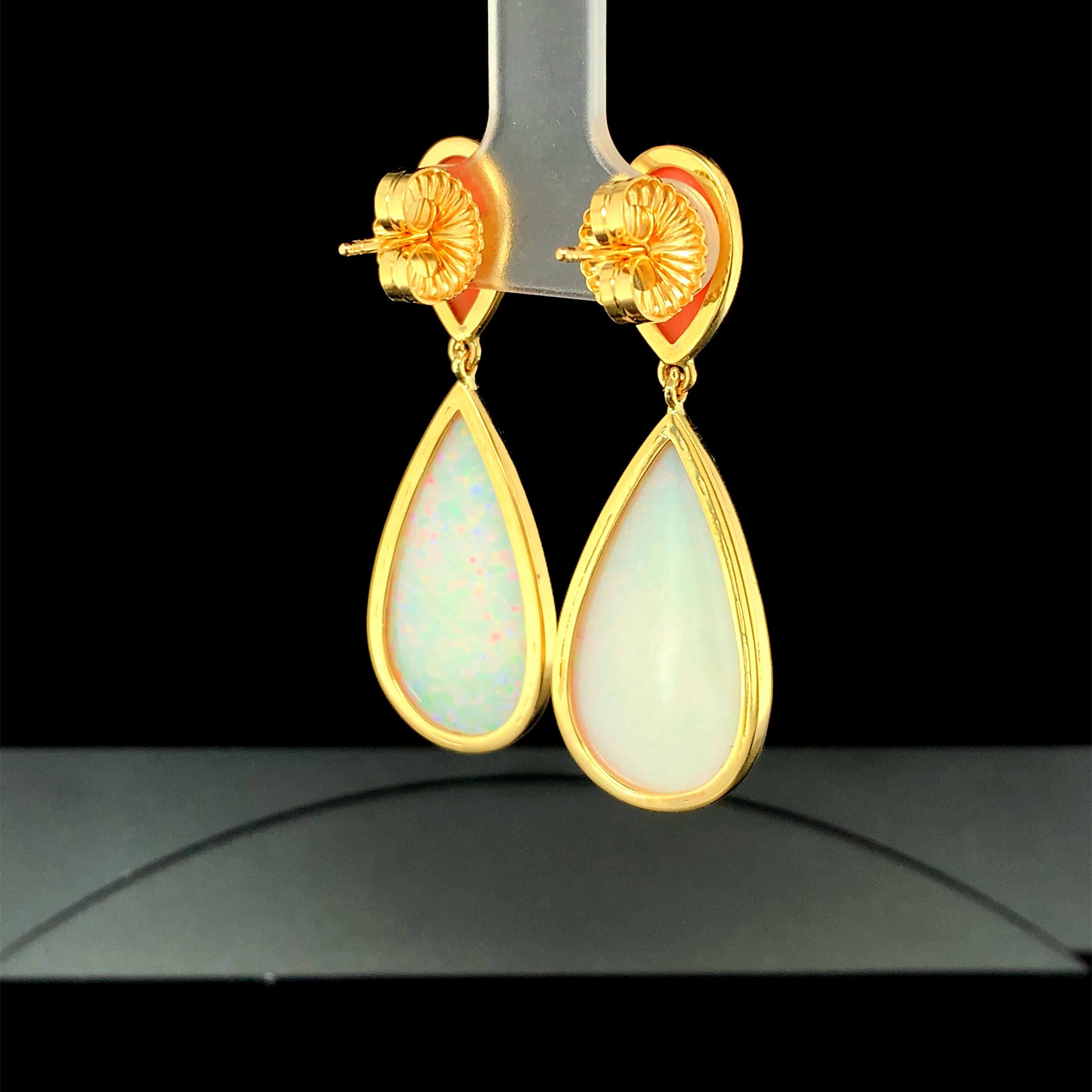 Artisan Pear-Shaped Opal and Coral Drop Earrings in Yellow Gold, 17.75 Carats Total For Sale