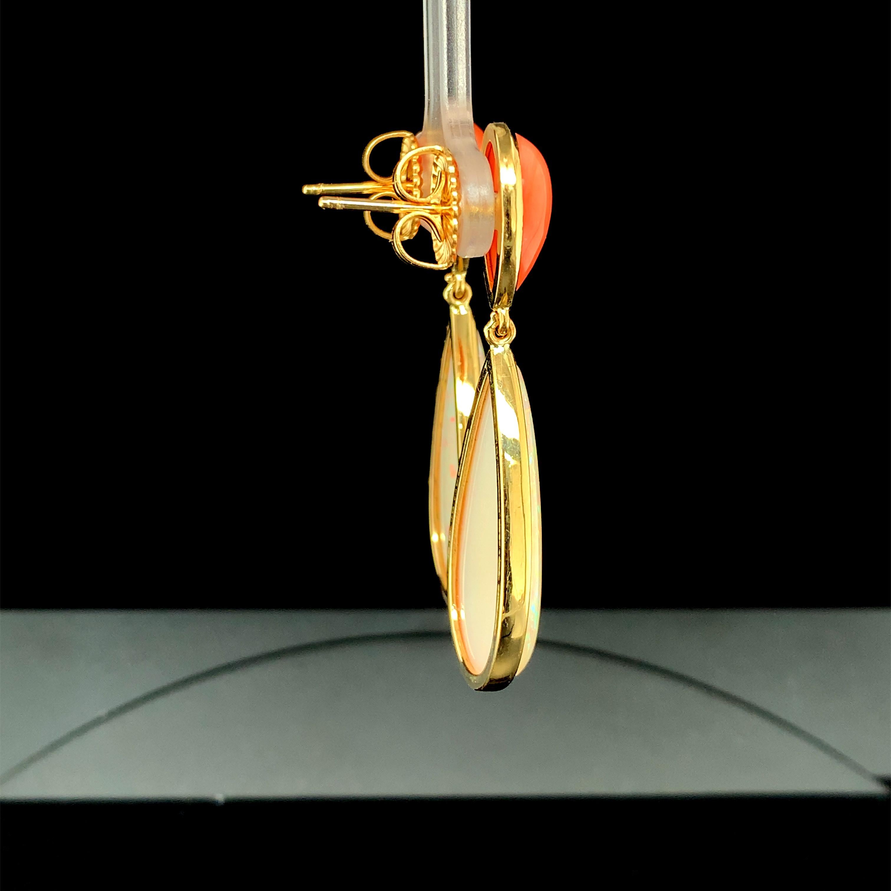 Pear Cut Pear-Shaped Opal and Coral Drop Earrings in Yellow Gold, 17.75 Carats Total For Sale