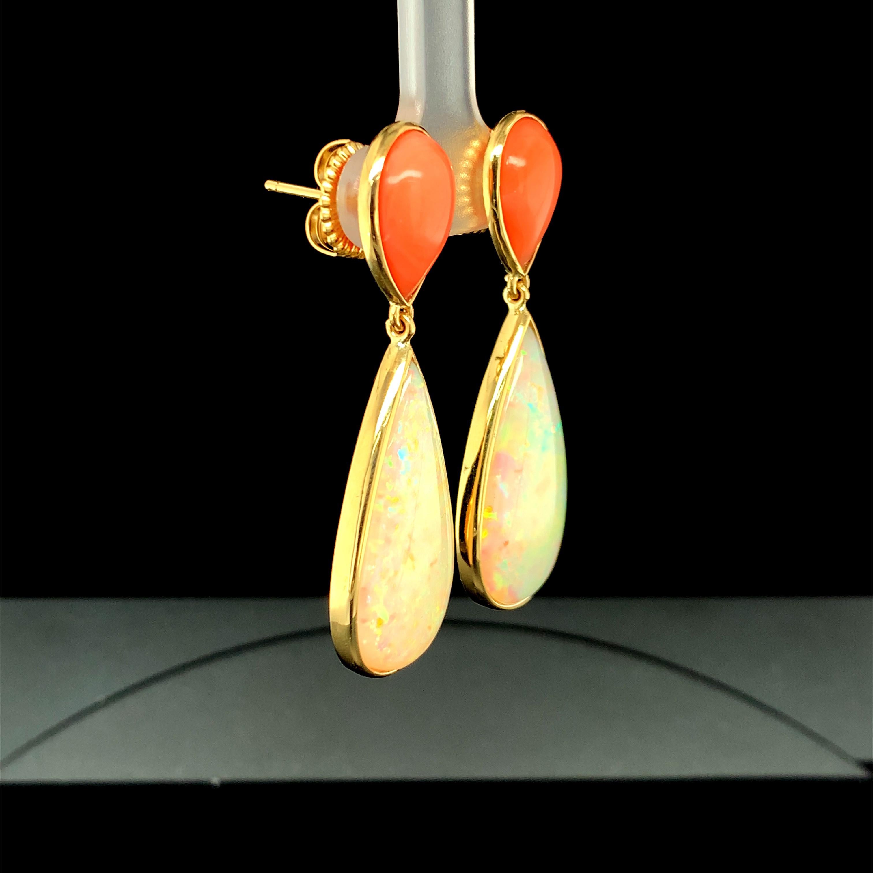 Pear-Shaped Opal and Coral Drop Earrings in Yellow Gold, 17.75 Carats Total In New Condition For Sale In Los Angeles, CA