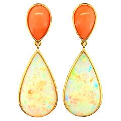 Pear-Shaped Opal and Coral Drop Earrings in Yellow Gold, 17.75 Carats Total