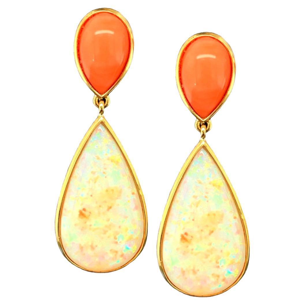 Pear-Shaped Opal and Coral Drop Earrings in Yellow Gold, 17.75 Carats Total For Sale