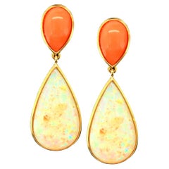 17.75 Carat Opal Pear Shape and Coral Cabochon 18k Dangle Drop Post Earrings
