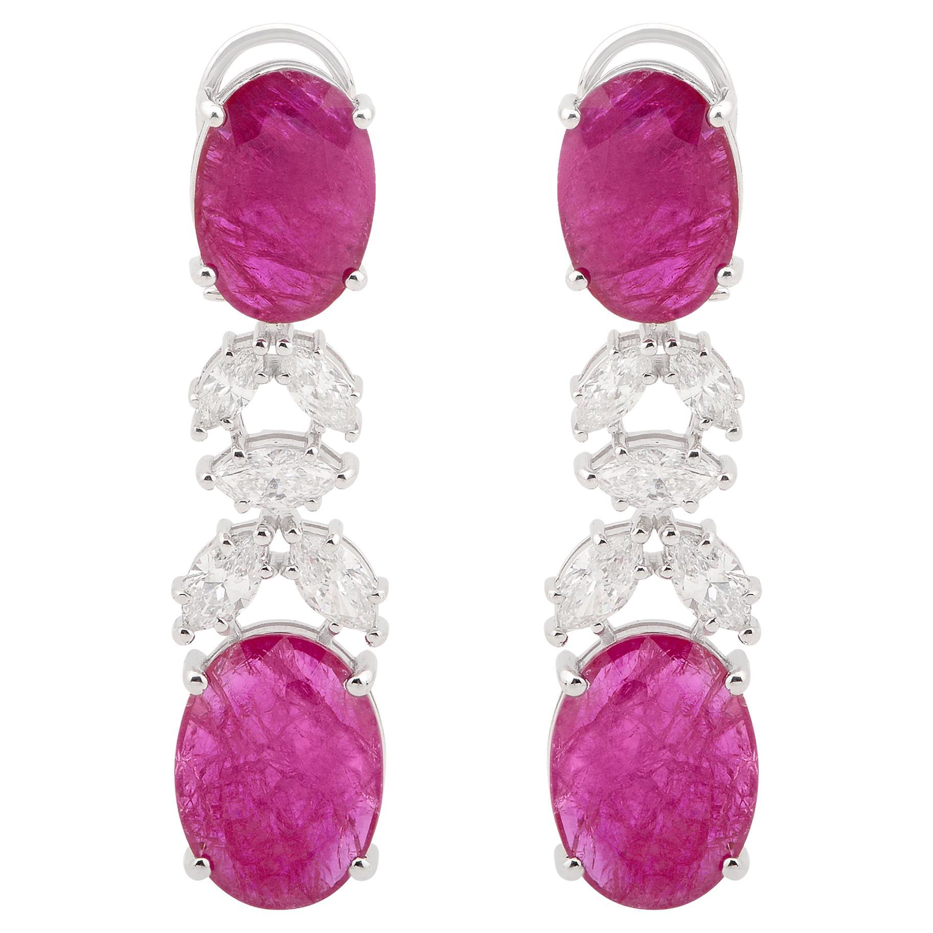 17.75 Carat Oval Shape Ruby Marquise Diamond Dangle Earrings 18 Karat White Gold