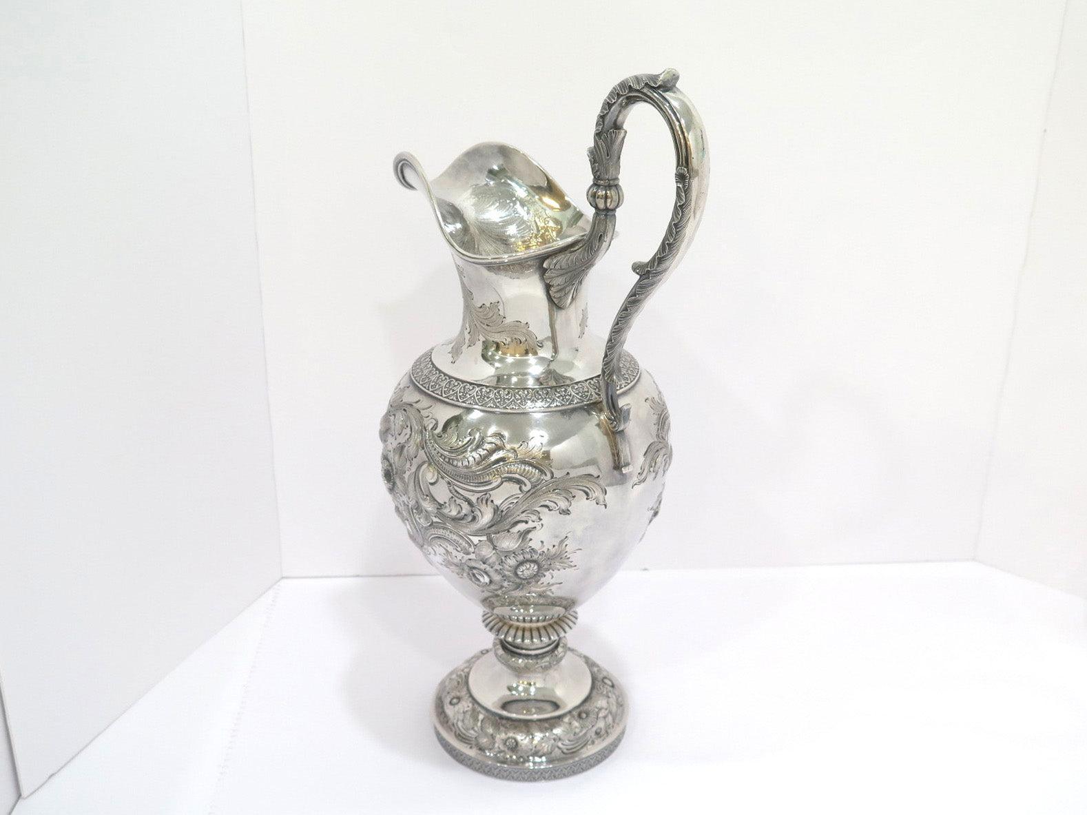 American 17.75 in - Coin Silver Ball, Tompkins & Black Antique 1839-1851 Repousse Pitcher For Sale