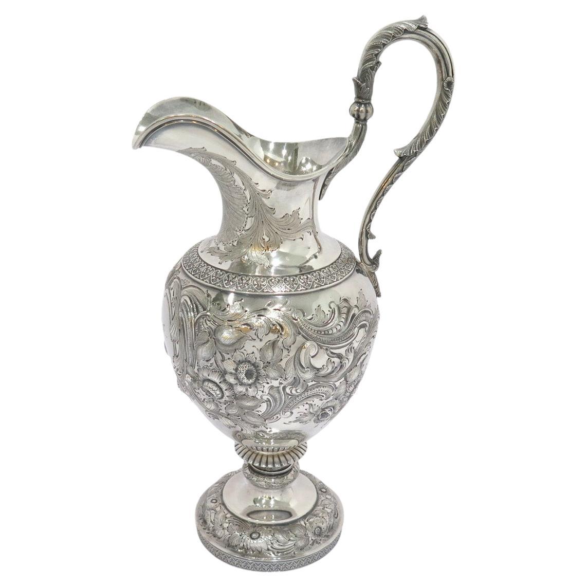 17.75 in - Coin Silver Ball, Tompkins & Black Antique 1839-1851 Repousse Pitcher For Sale