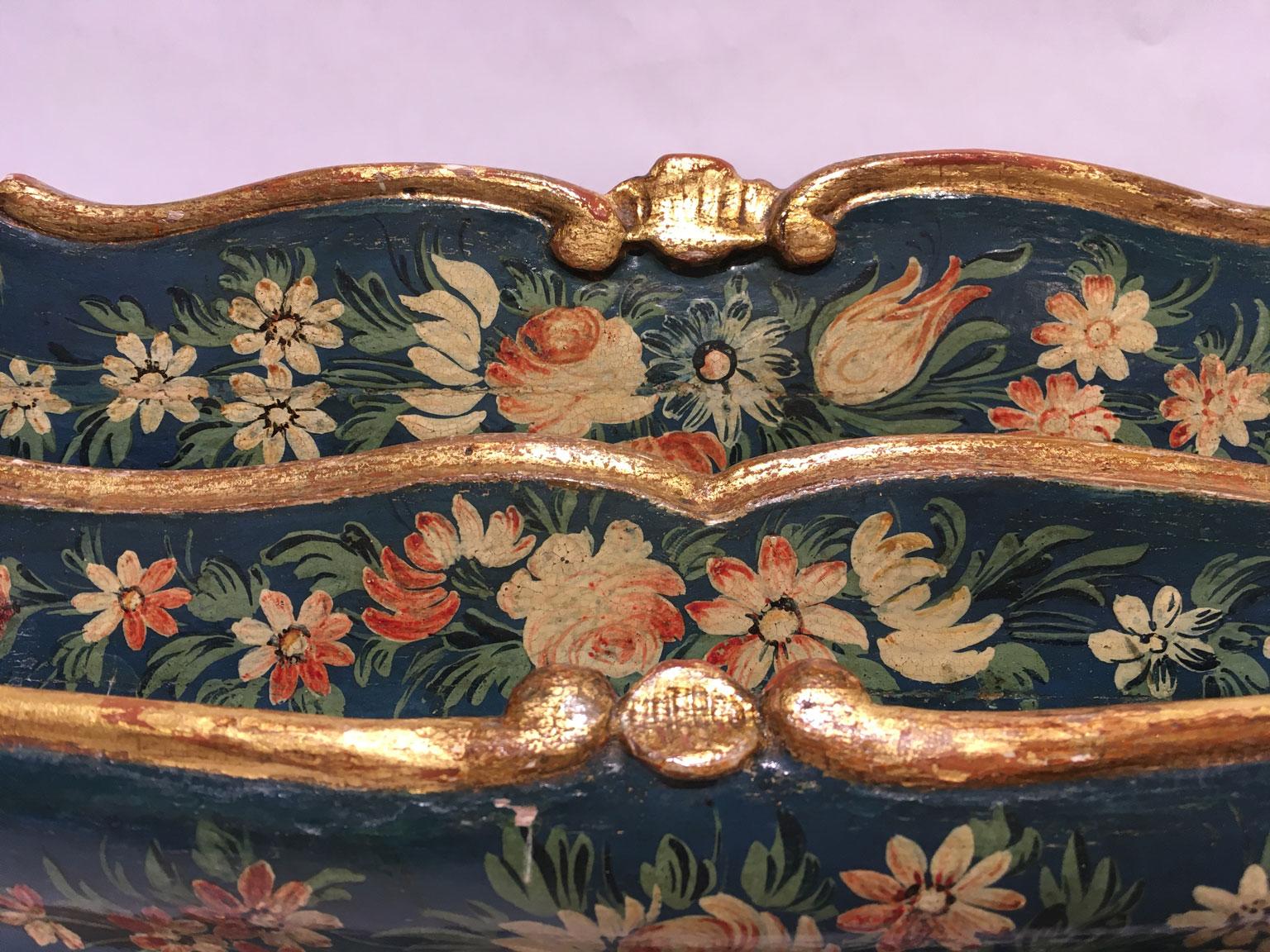 18th Century 1775 Venezia Italy Blue Lacquered Wooden Engraved TablePaper Holder with Flowers For Sale
